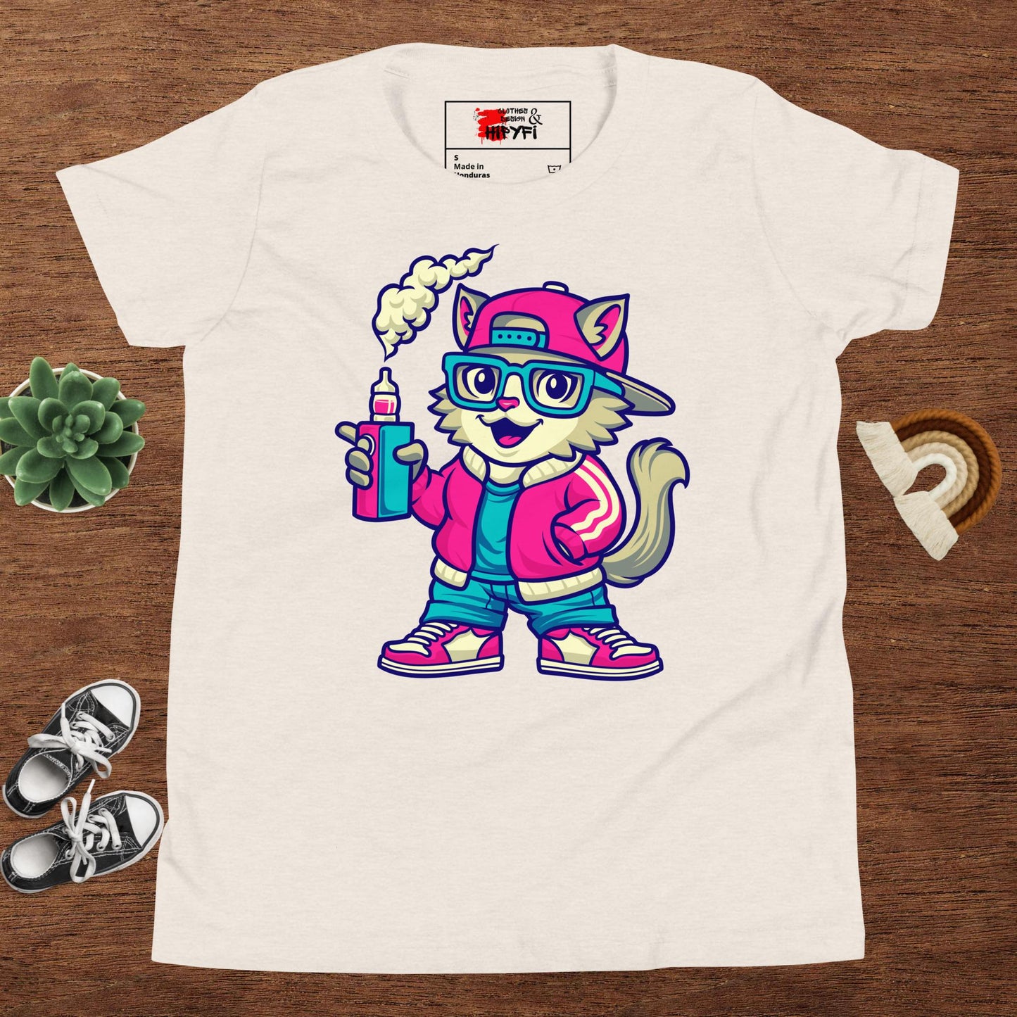Youth streetwear t-shirt with cartoon cat graphic – Hipyfi urban style tee for kids and teens Heather Dust