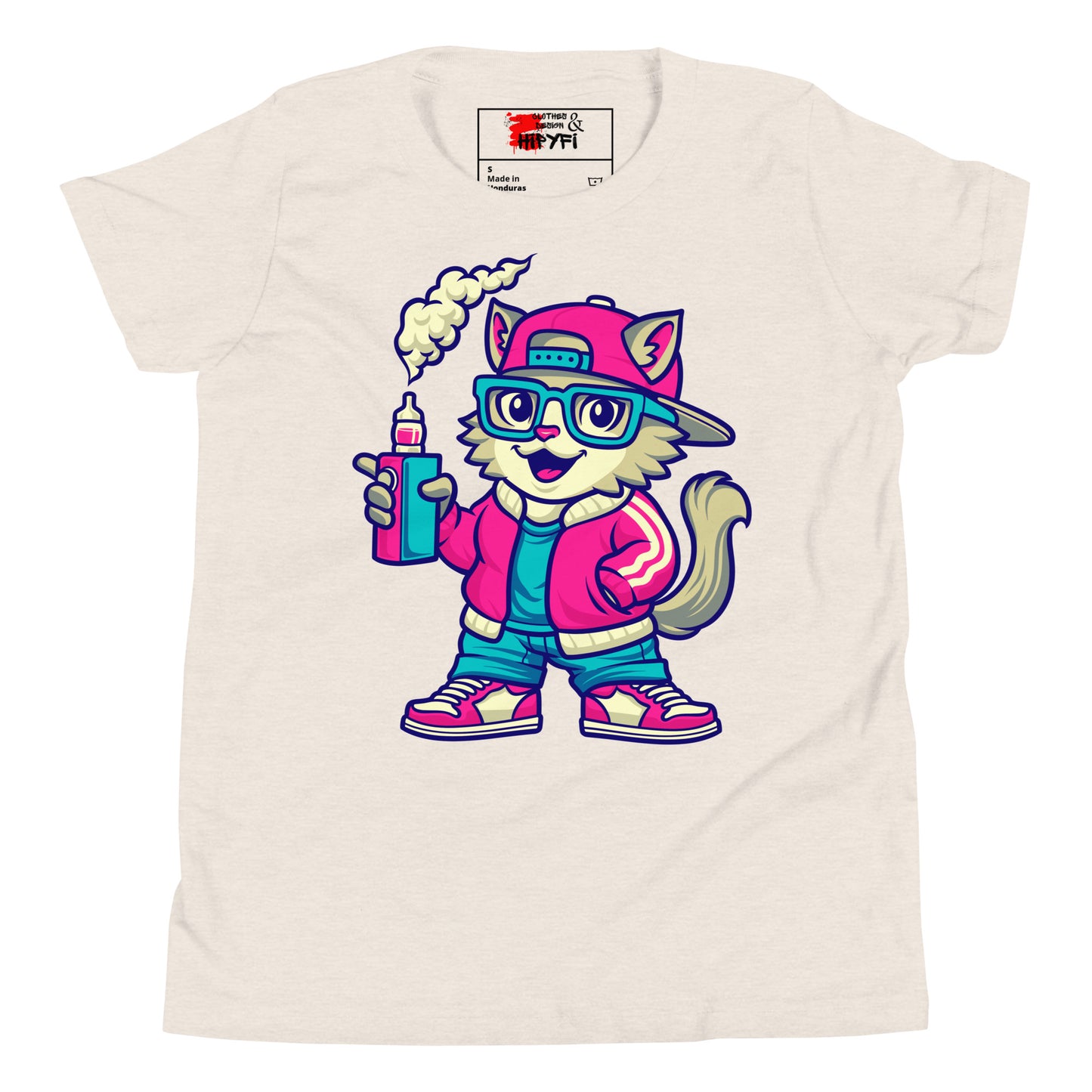 Youth streetwear t-shirt with cartoon cat graphic – Hipyfi urban style tee for kids and teens Heather Dust-2