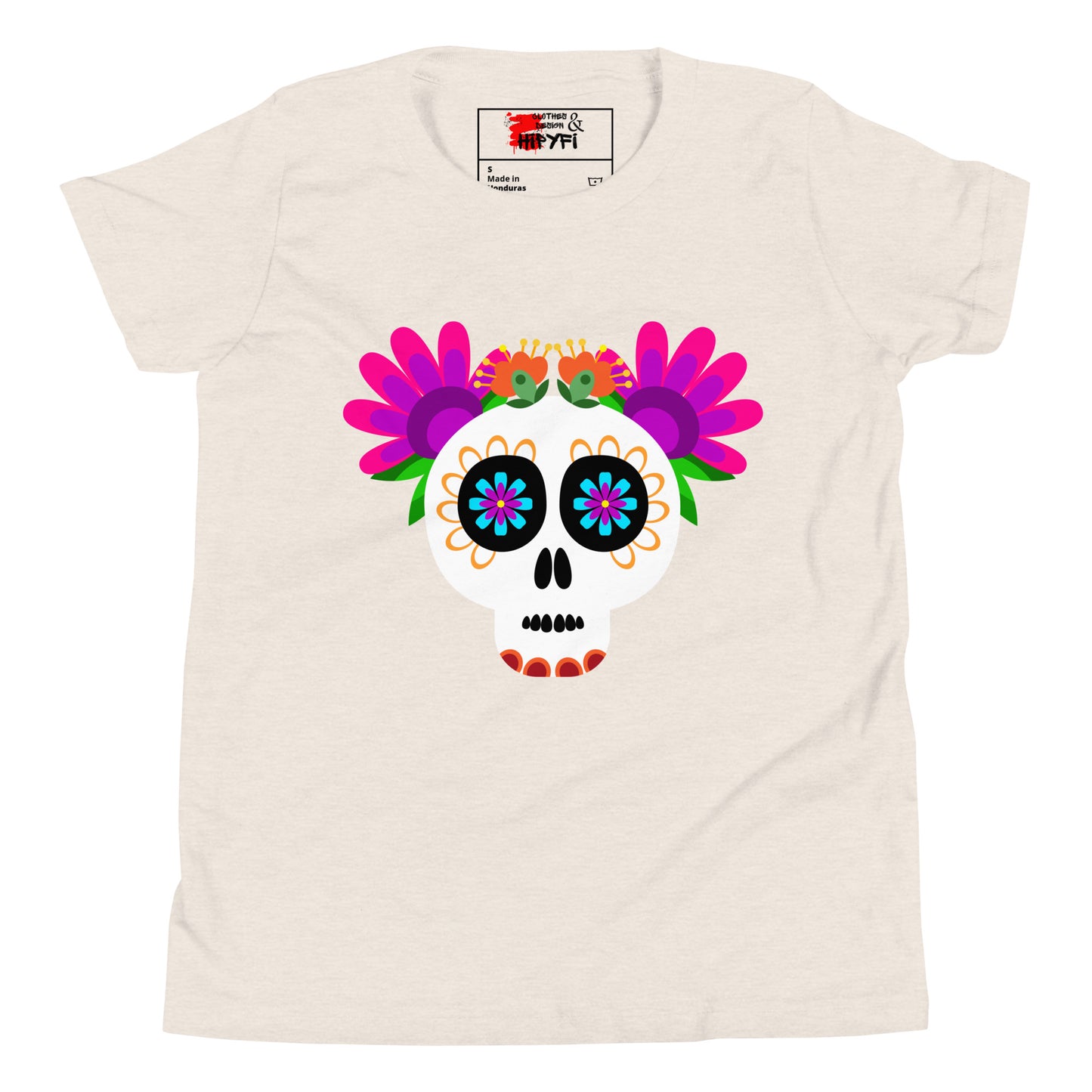 Hipyfi Kids T-Shirt – Vibrant Sugar Skull and Floral Design, Day of the Dead inspired graphic tee for youth Heather Dust-2