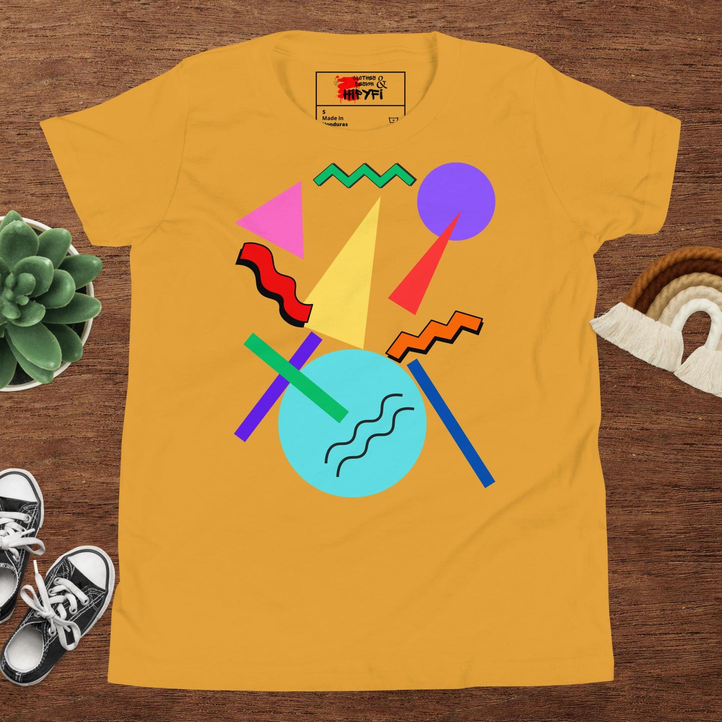 Hipyfi Retro Memphis Youth Tee – Vibrant Geometric Print, 80s-inspired graphic t-shirt for kids, colorful geometric design Mustard