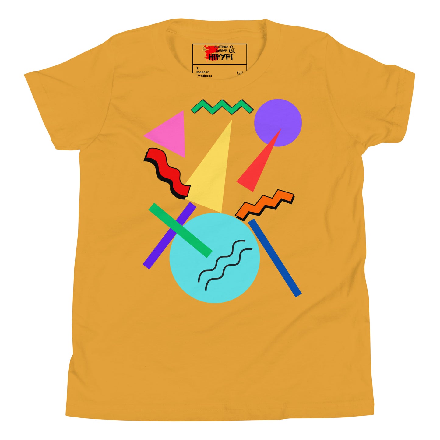 Hipyfi Retro Memphis Youth Tee – Vibrant Geometric Print, 80s-inspired graphic t-shirt for kids, colorful geometric design Mustard-2