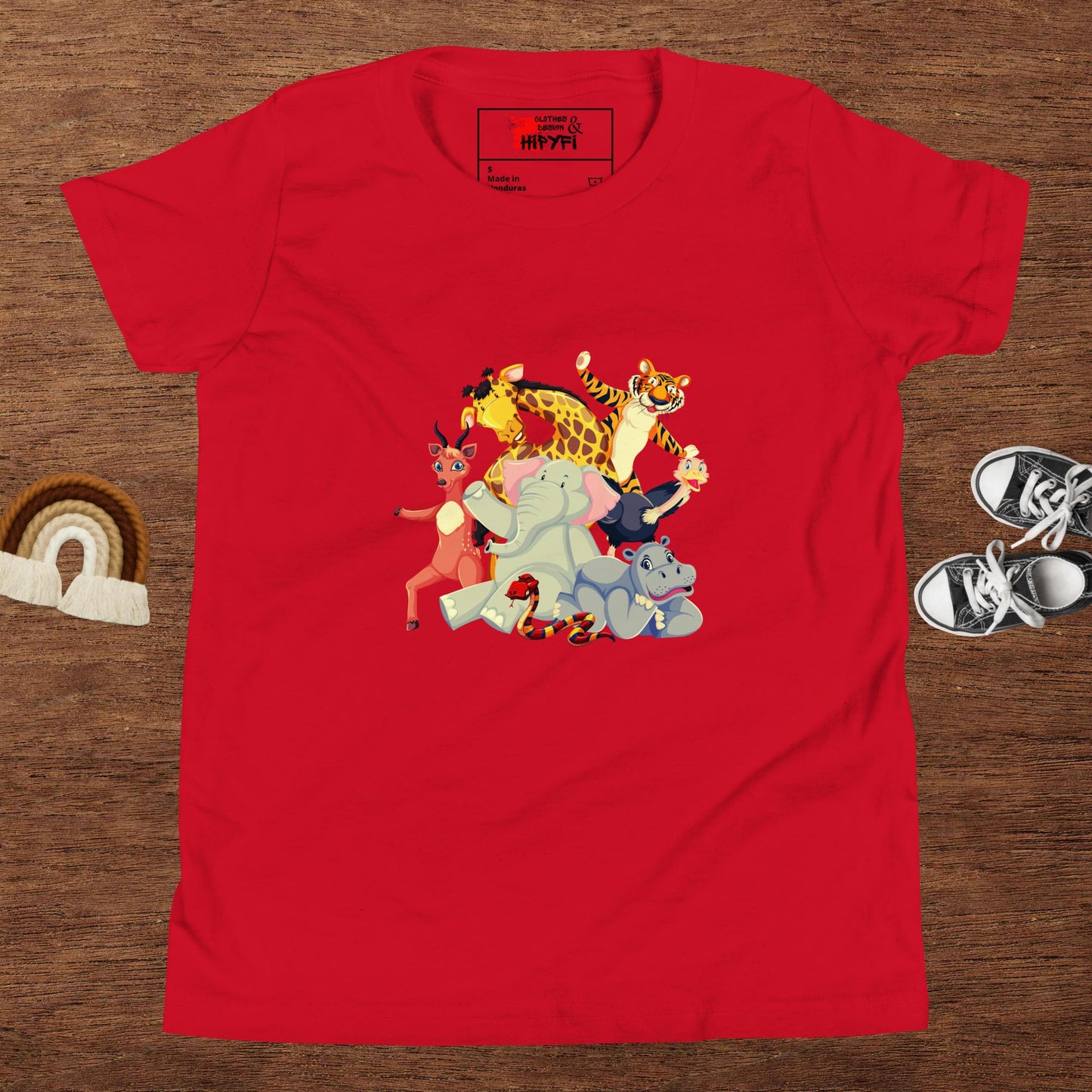 Hipyfi Kids Animal Adventure Graphic T-Shirt featuring colorful cartoon wild animals for children Red