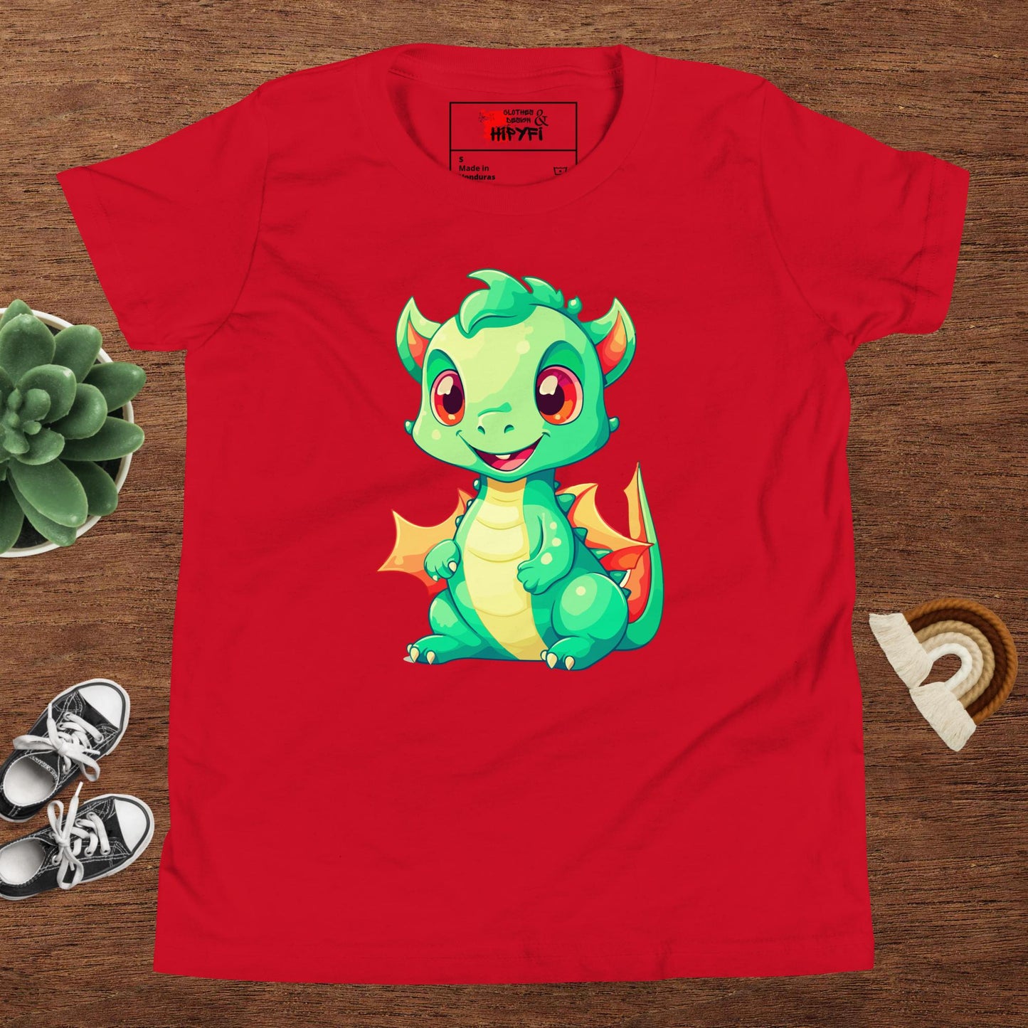 Hipyfi Kids' Baby Dragon Short Sleeve T-shirt – Cute dragon graphic design, soft cotton fabric, and comfortable unisex fit. Red