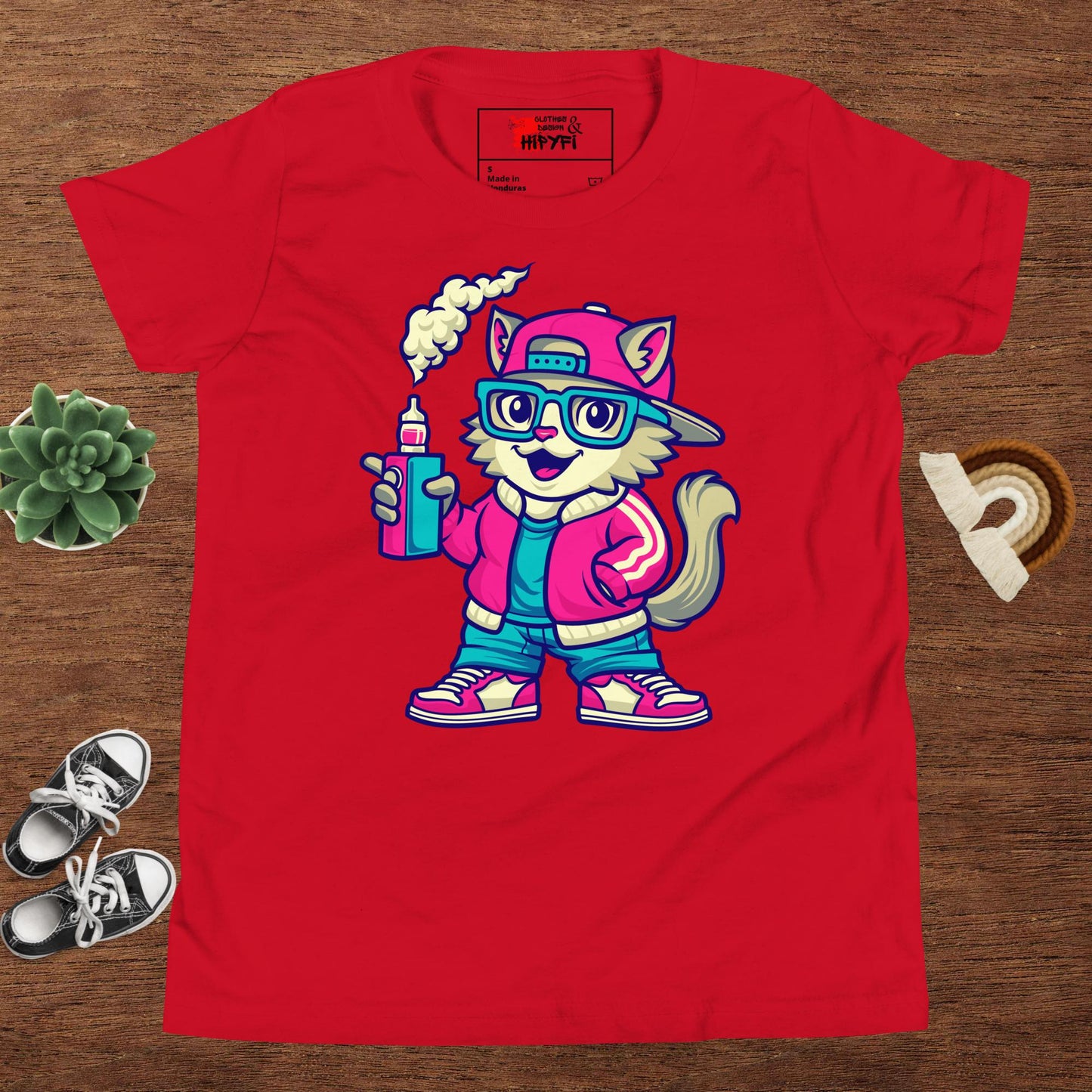 Youth streetwear t-shirt with cartoon cat graphic – Hipyfi urban style tee for kids and teens Red