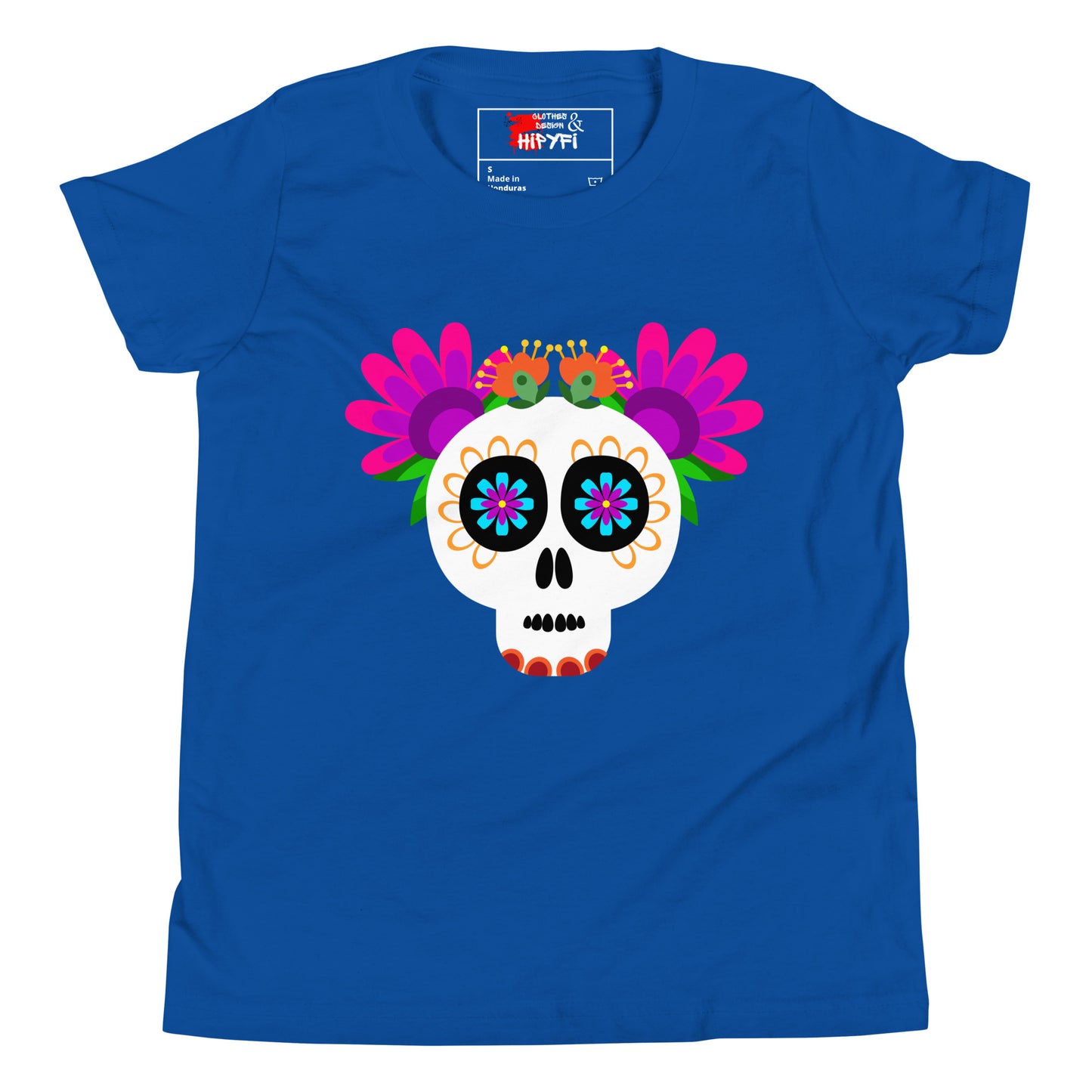 Hipyfi Kids T-Shirt – Vibrant Sugar Skull and Floral Design, Day of the Dead inspired graphic tee for youth True Royal-2