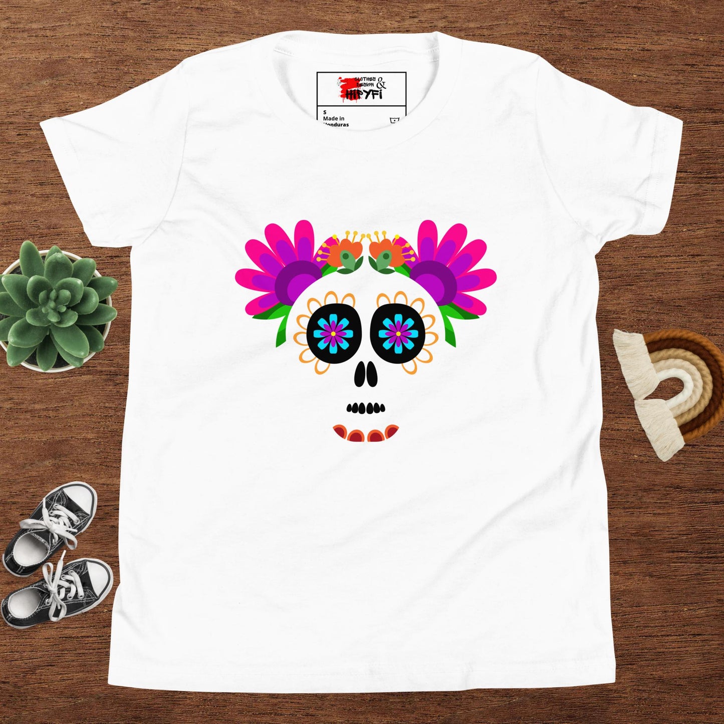 Hipyfi Kids T-Shirt – Vibrant Sugar Skull and Floral Design, Day of the Dead inspired graphic tee for youth White