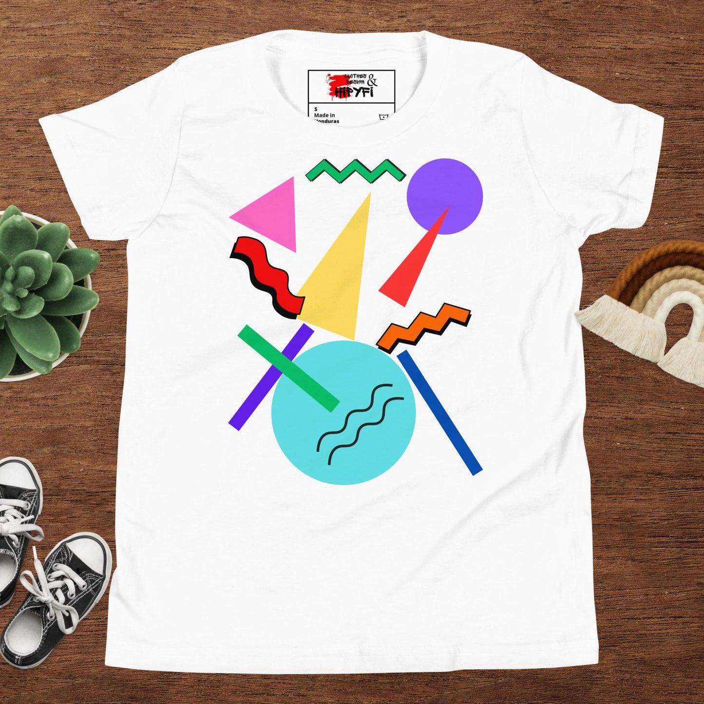 Hipyfi Retro Memphis Youth Tee – Vibrant Geometric Print, 80s-inspired graphic t-shirt for kids, colorful geometric design White