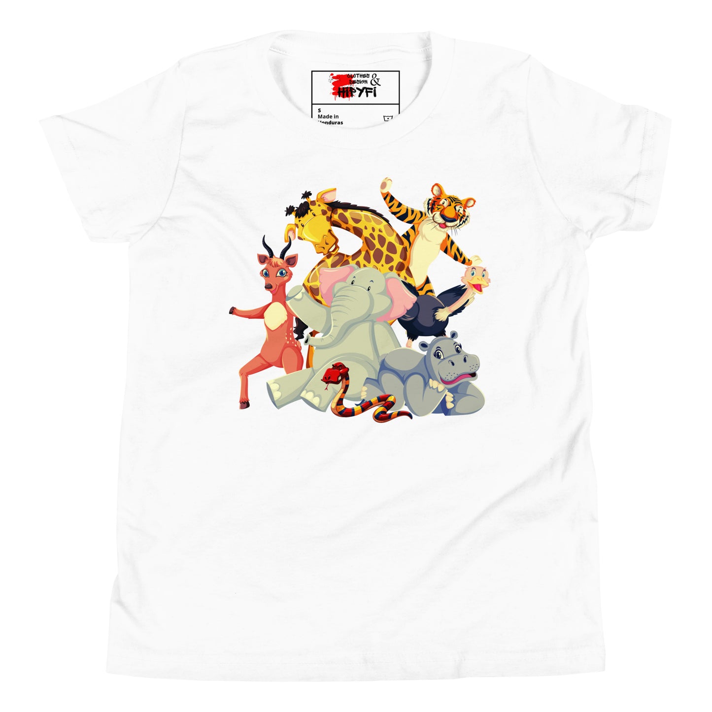 Hipyfi Kids Animal Adventure Graphic T-Shirt featuring colorful cartoon wild animals for children White-2
