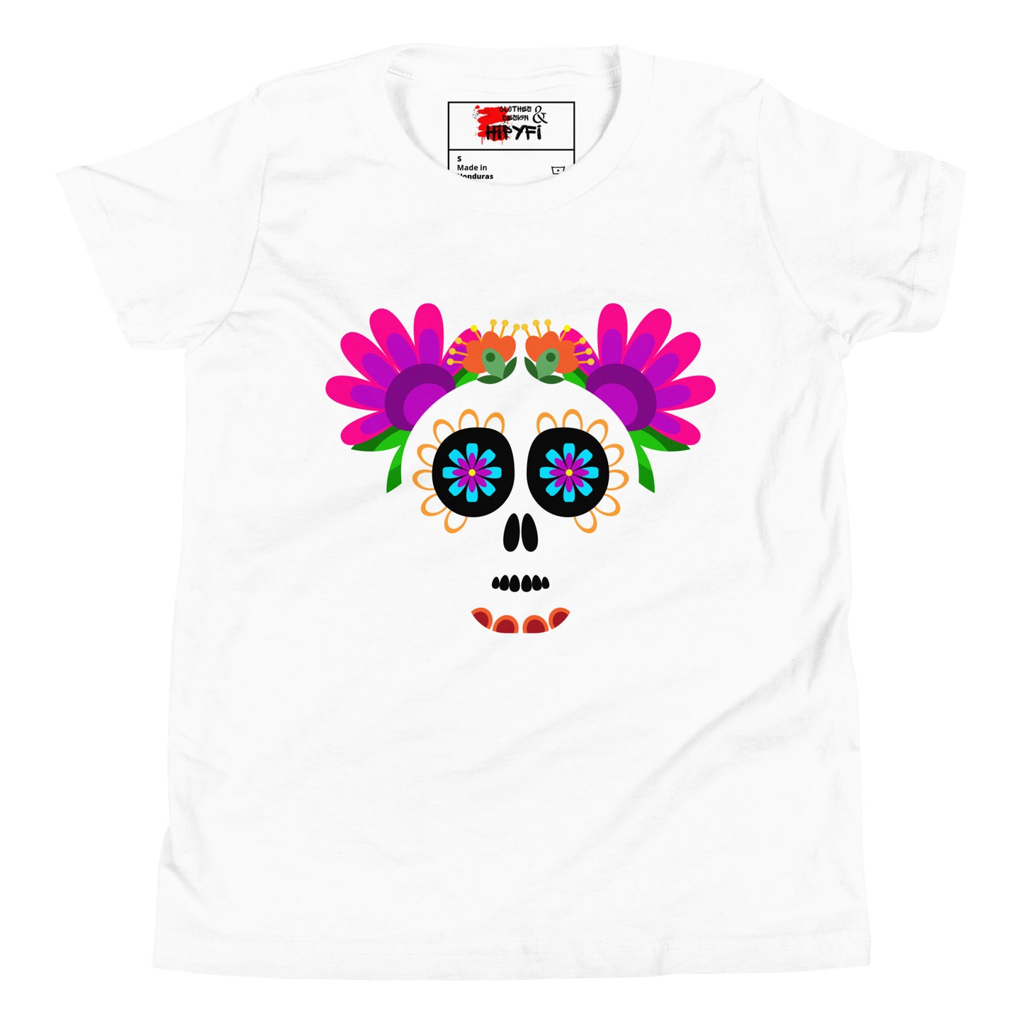 Hipyfi Kids T-Shirt – Vibrant Sugar Skull and Floral Design, Day of the Dead inspired graphic tee for youth White-2