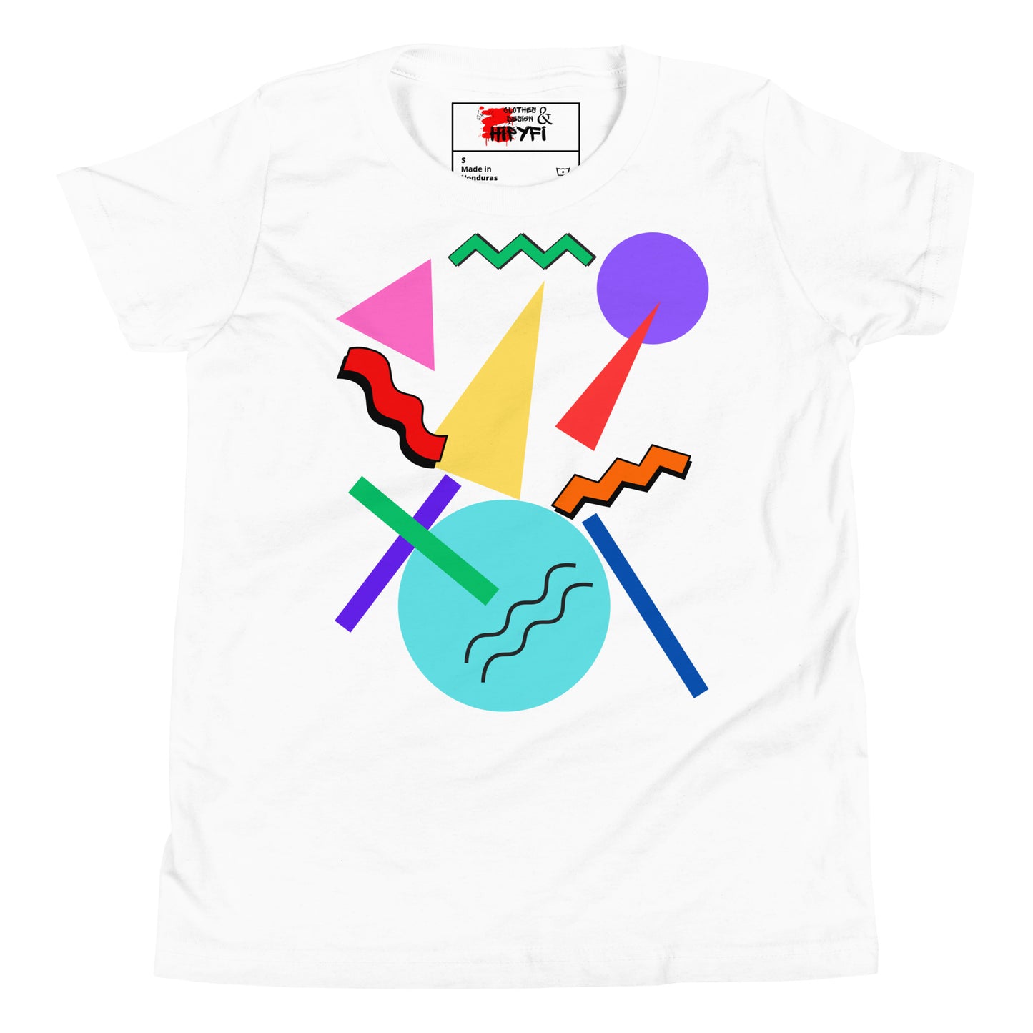 Hipyfi Retro Memphis Youth Tee – Vibrant Geometric Print, 80s-inspired graphic t-shirt for kids, colorful geometric design White-2
