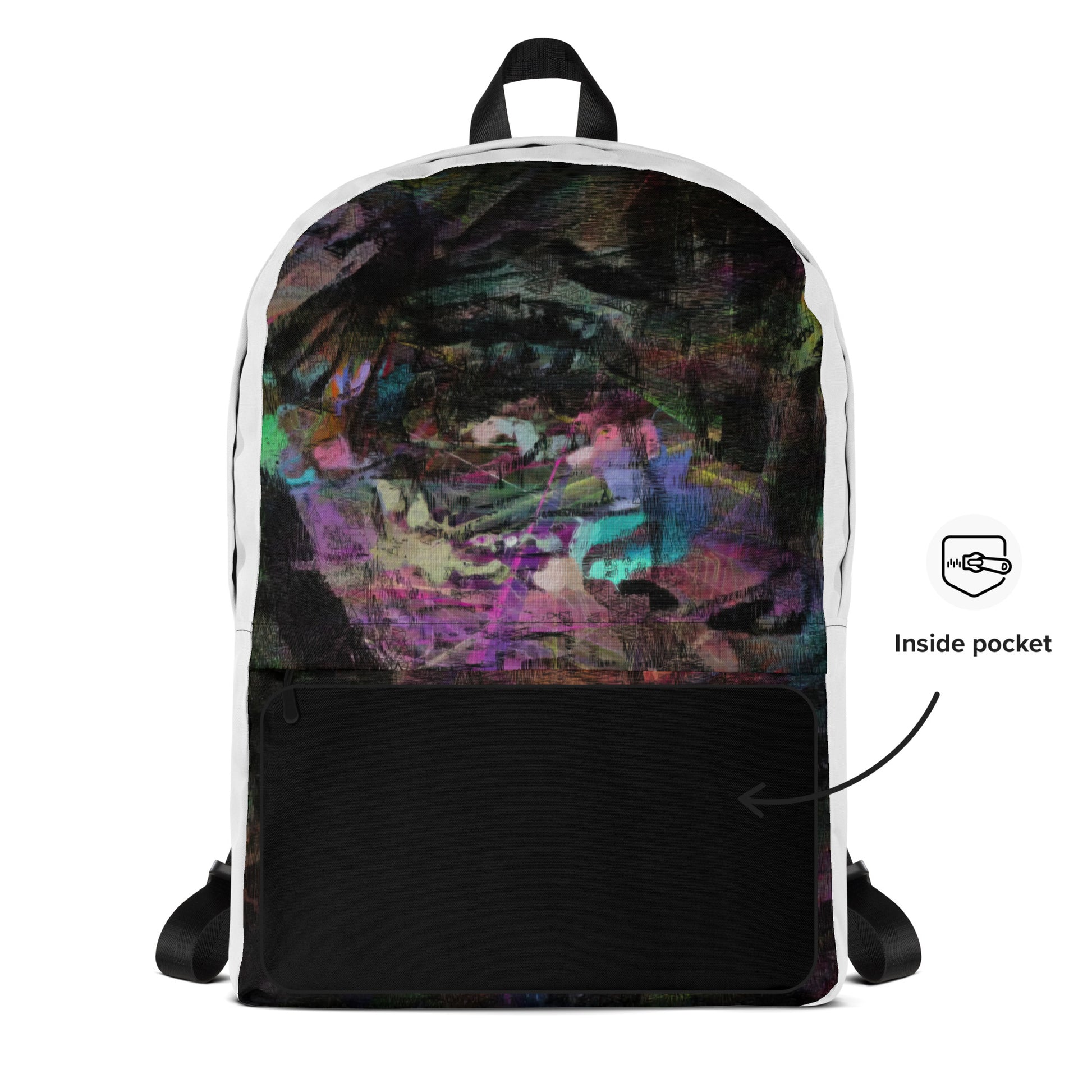 Hipyfi Chromatic Dreams Art Backpack: Vibrant abstract unisex laptop bag with water-resistant purple, blue, and orange design. front-info