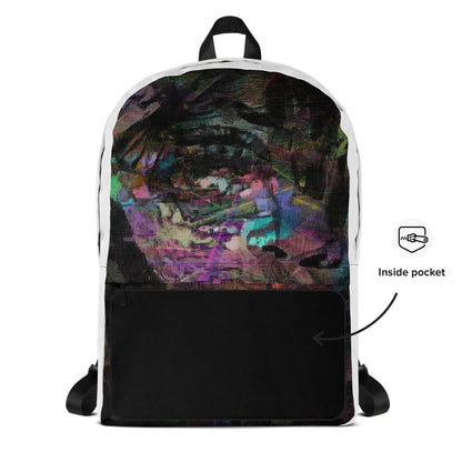 Hipyfi Chromatic Dreams Art Backpack: Vibrant abstract unisex laptop bag with water-resistant purple, blue, and orange design. front-info