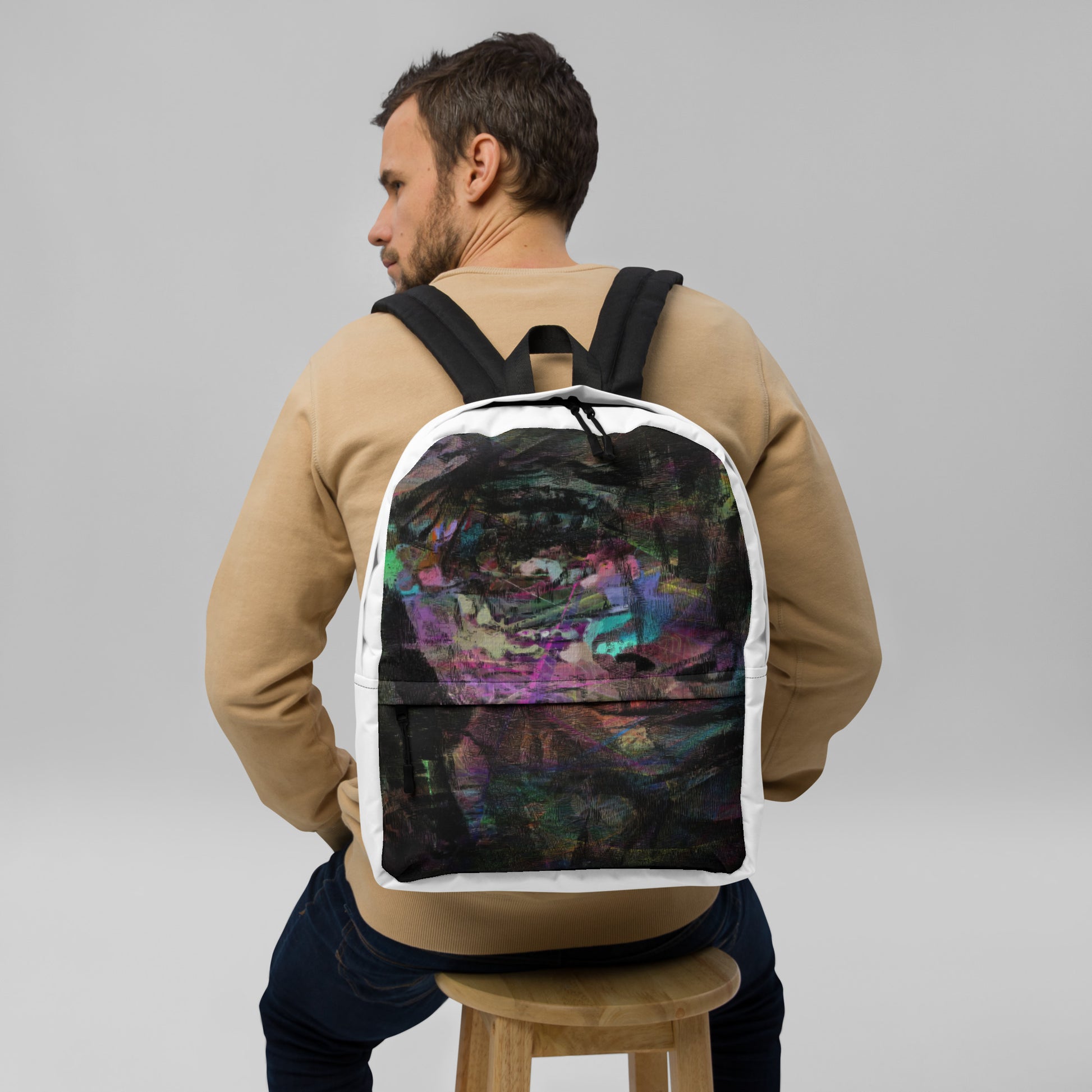 Hipyfi Chromatic Dreams Art Backpack: Vibrant abstract unisex laptop bag with water-resistant purple, blue, and orange design. men-front