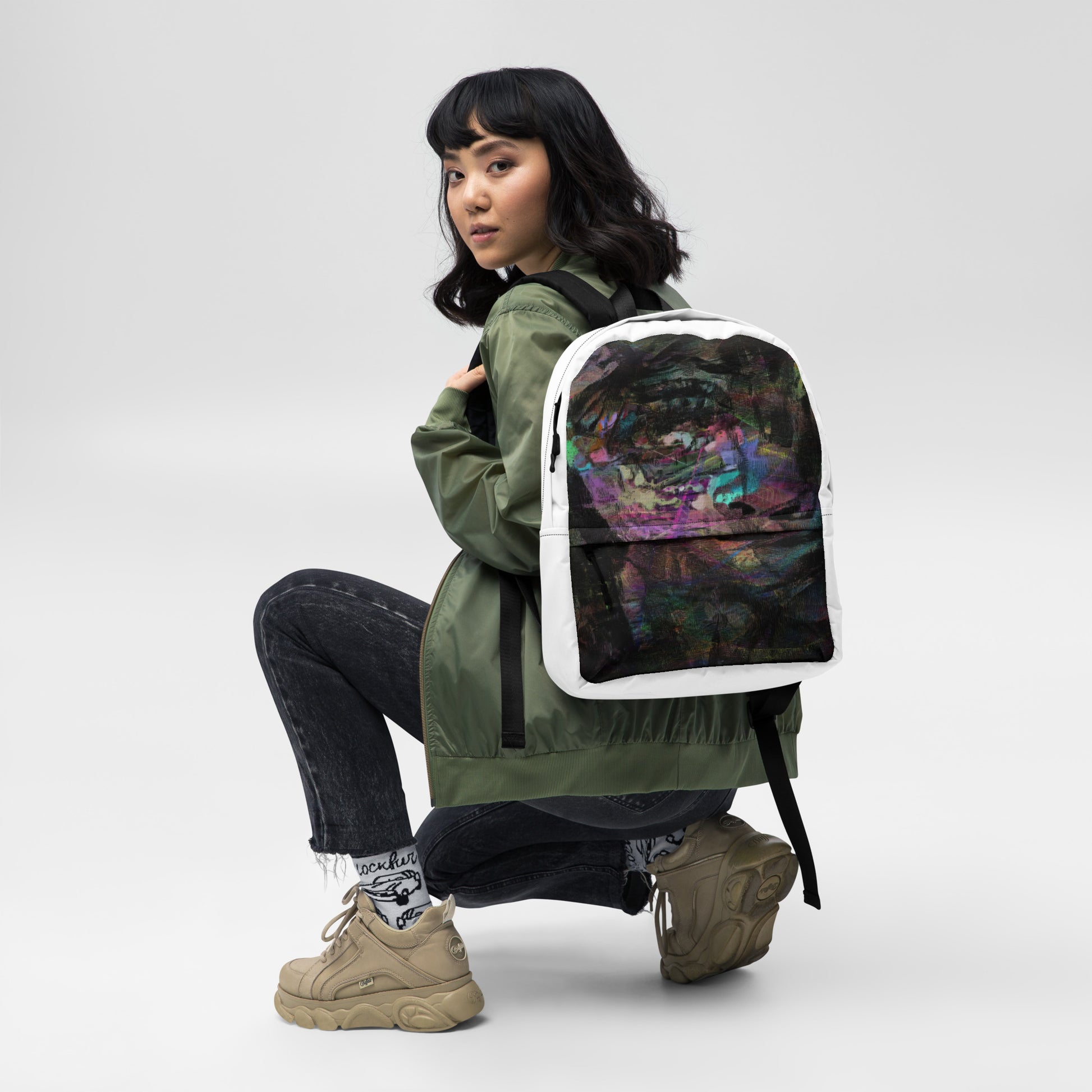 Hipyfi Chromatic Dreams Art Backpack: Vibrant abstract unisex laptop bag with water-resistant purple, blue, and orange design. girl-front-3