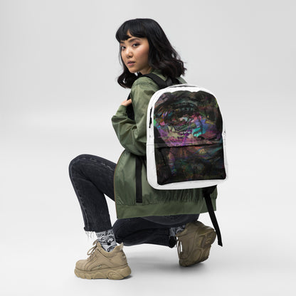 Hipyfi Chromatic Dreams Art Backpack: Vibrant abstract unisex laptop bag with water-resistant purple, blue, and orange design. girl-front-3
