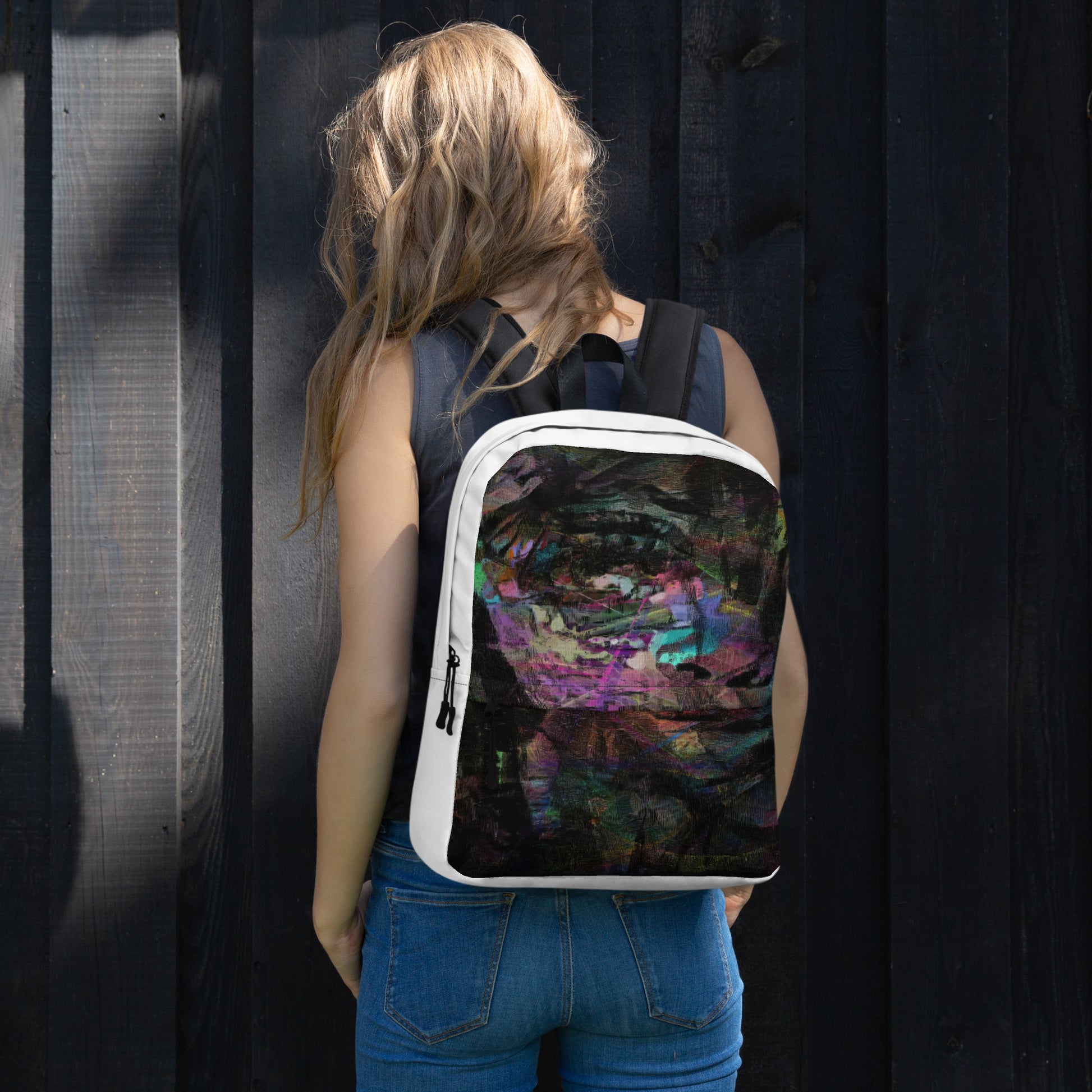 Hipyfi Chromatic Dreams Art Backpack: Vibrant abstract unisex laptop bag with water-resistant purple, blue, and orange design. girl-front