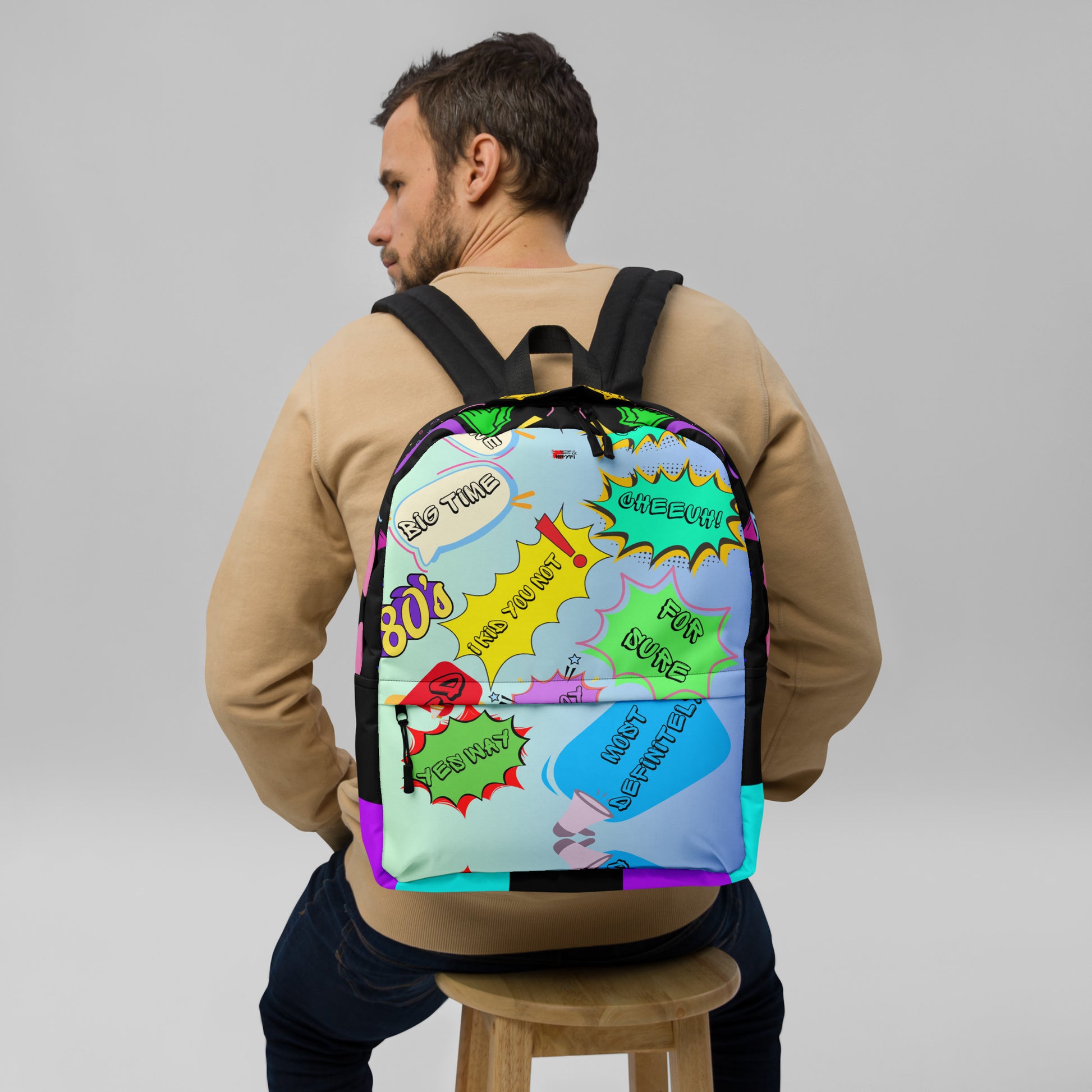 Hipyfi Retro 80s Comic Burst Backpack featuring vintage pop art design and colorful comic-style graphics Front-5