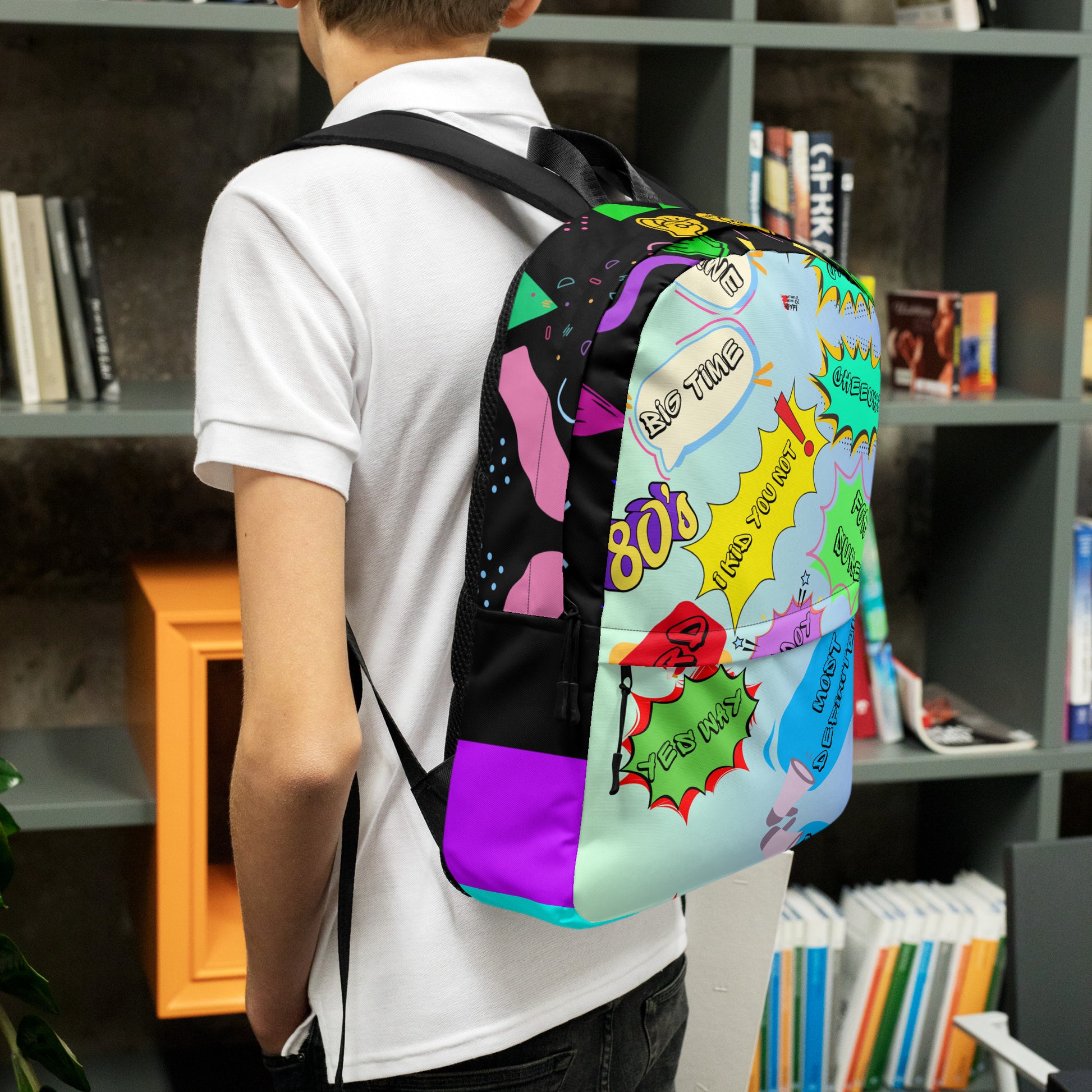 Hipyfi Retro 80s Comic Burst Backpack featuring vintage pop art design and colorful comic-style graphics Left-3