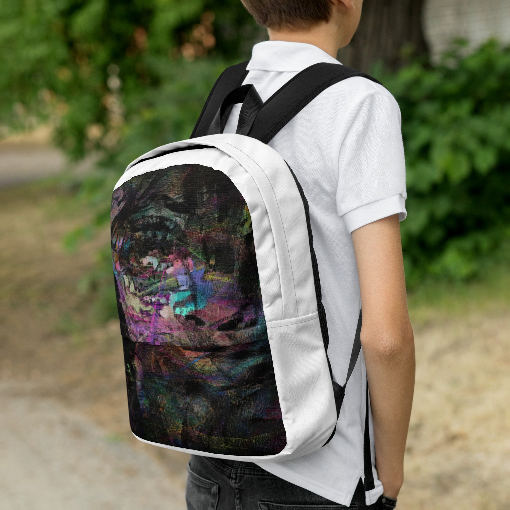 Hipyfi Chromatic Dreams Art Backpack: Vibrant abstract unisex laptop bag with water-resistant purple, blue, and orange design. right