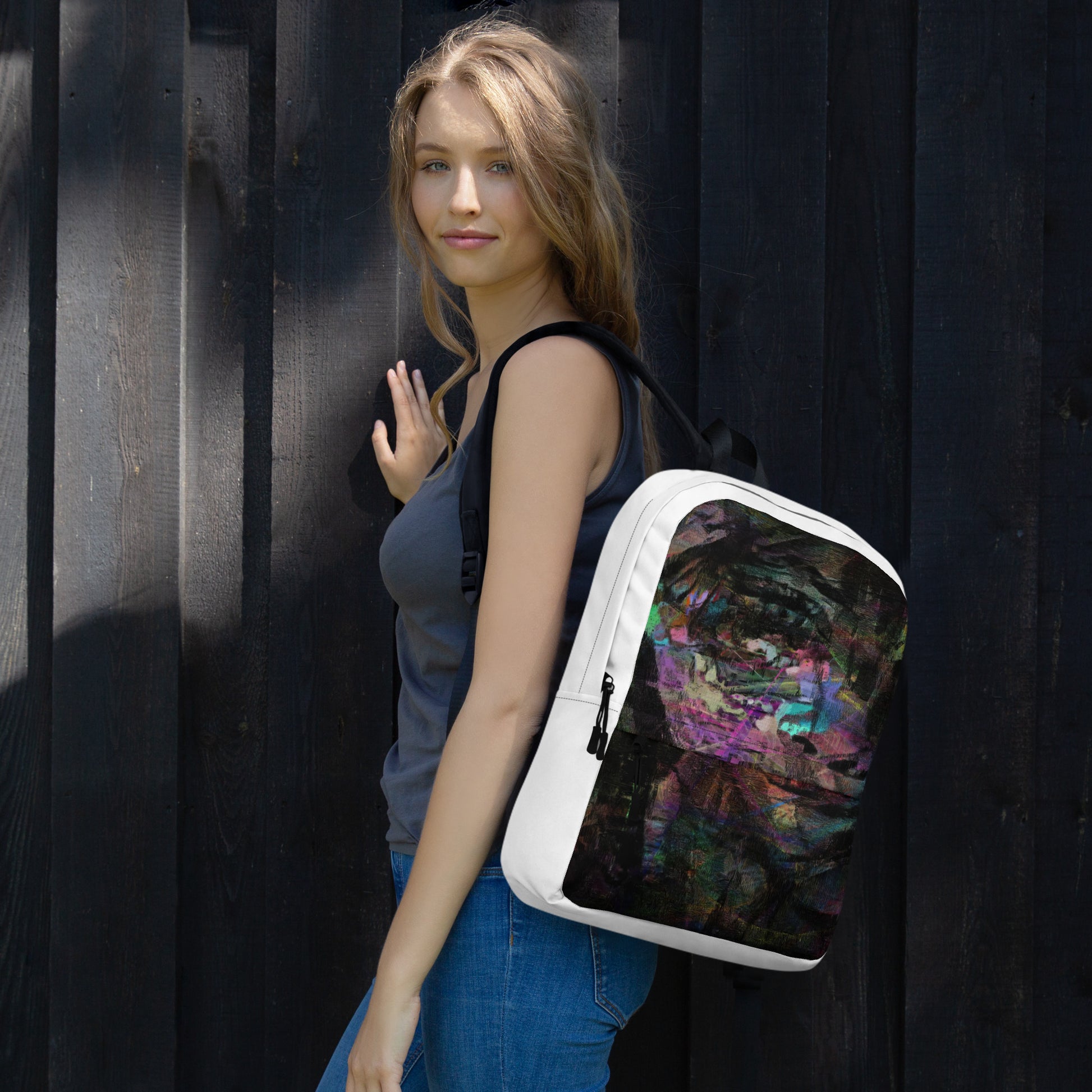 Hipyfi Chromatic Dreams Art Backpack: Vibrant abstract unisex laptop bag with water-resistant purple, blue, and orange design. girl-left