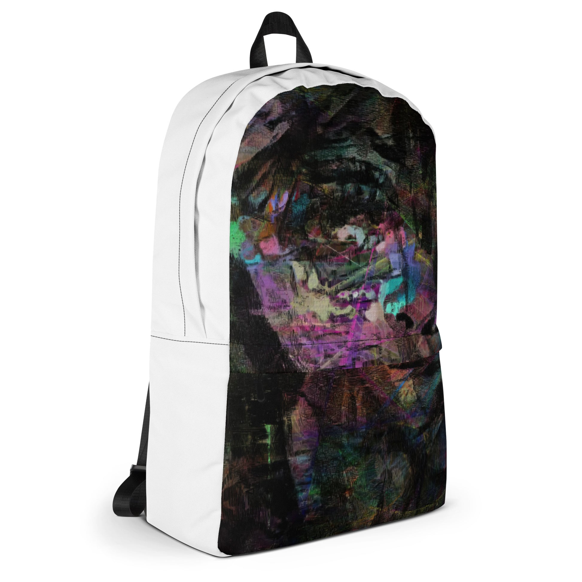 Hipyfi Chromatic Dreams Art Backpack: Vibrant abstract unisex laptop bag with water-resistant purple, blue, and orange design. bag-right