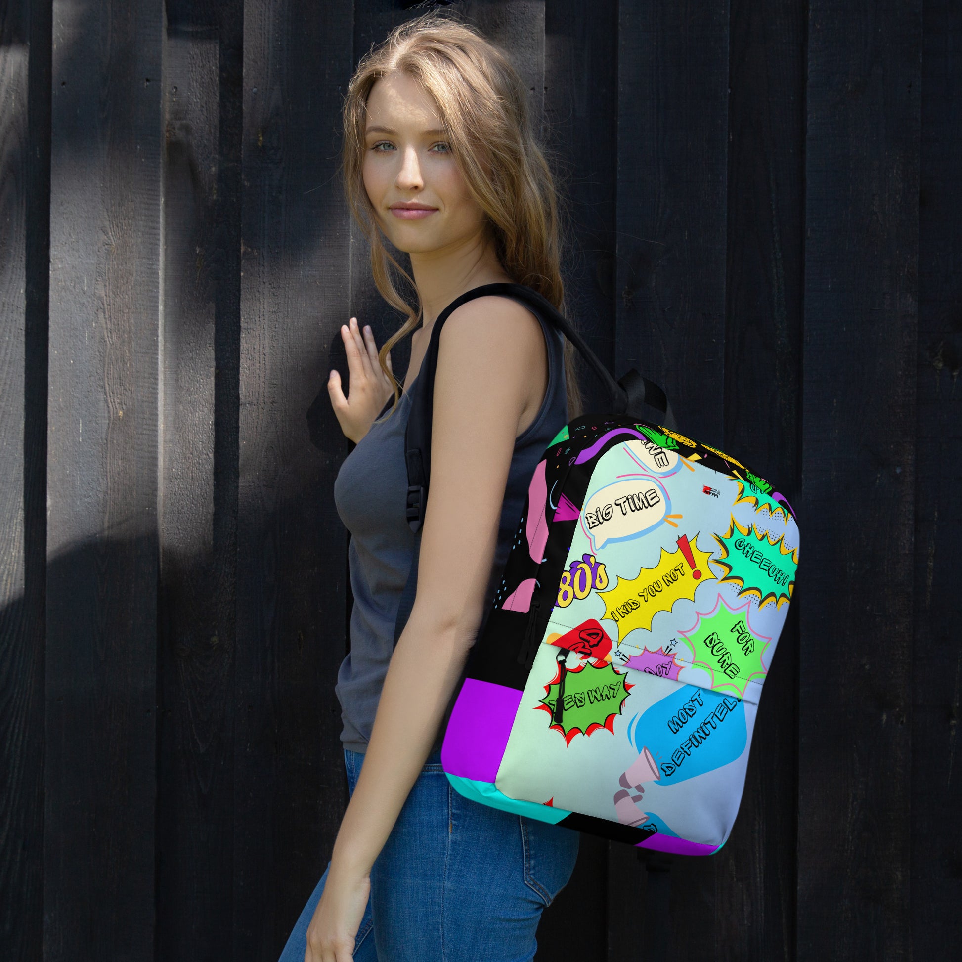 Hipyfi Retro 80s Comic Burst Backpack featuring vintage pop art design and colorful comic-style graphics Right