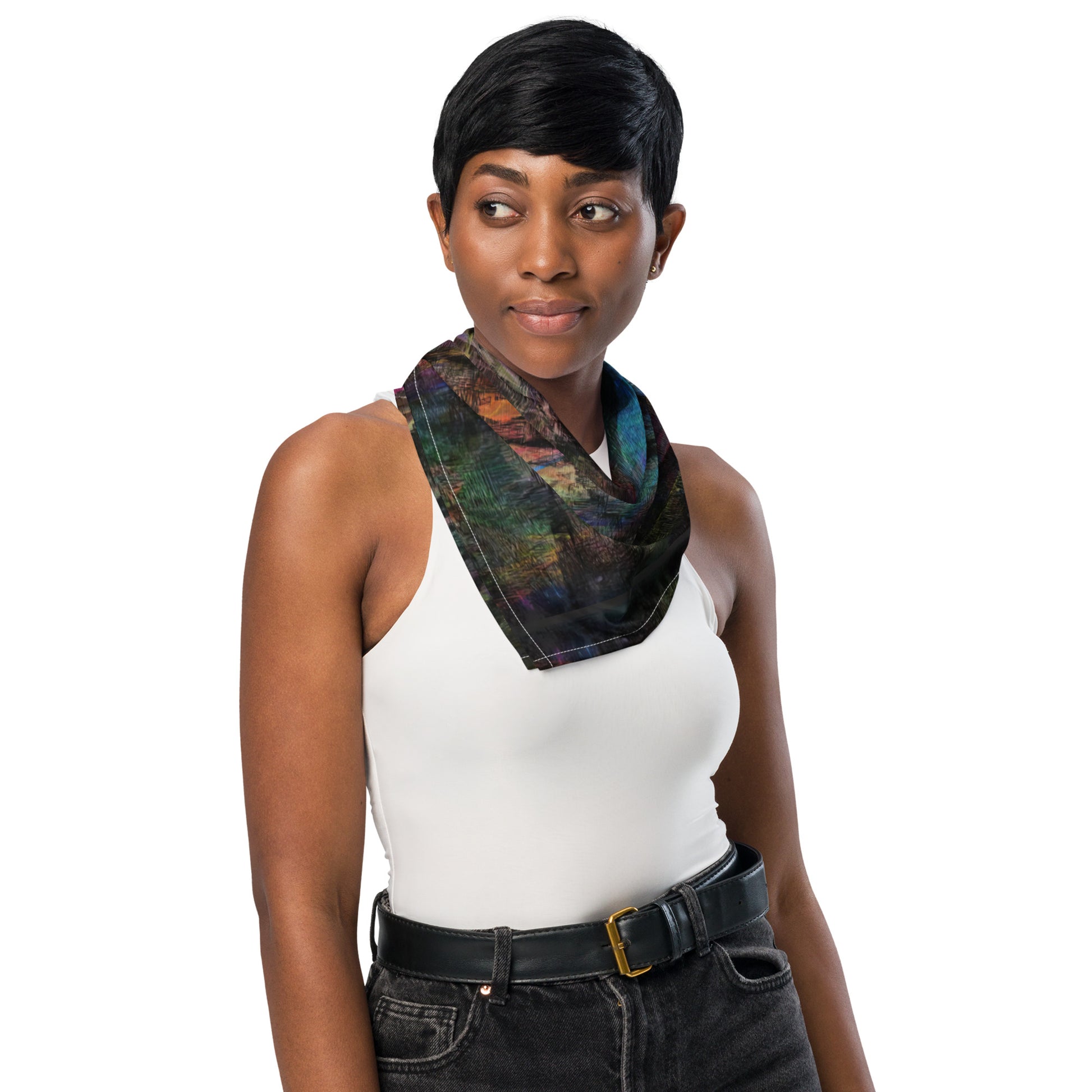 Hipyfi Chromatic Dreams Abstract Bandana: Vibrant layered brushstrokes on a unisex, eco-friendly recycled polyester accessory for festivals, daily wear, or pets. girl front
