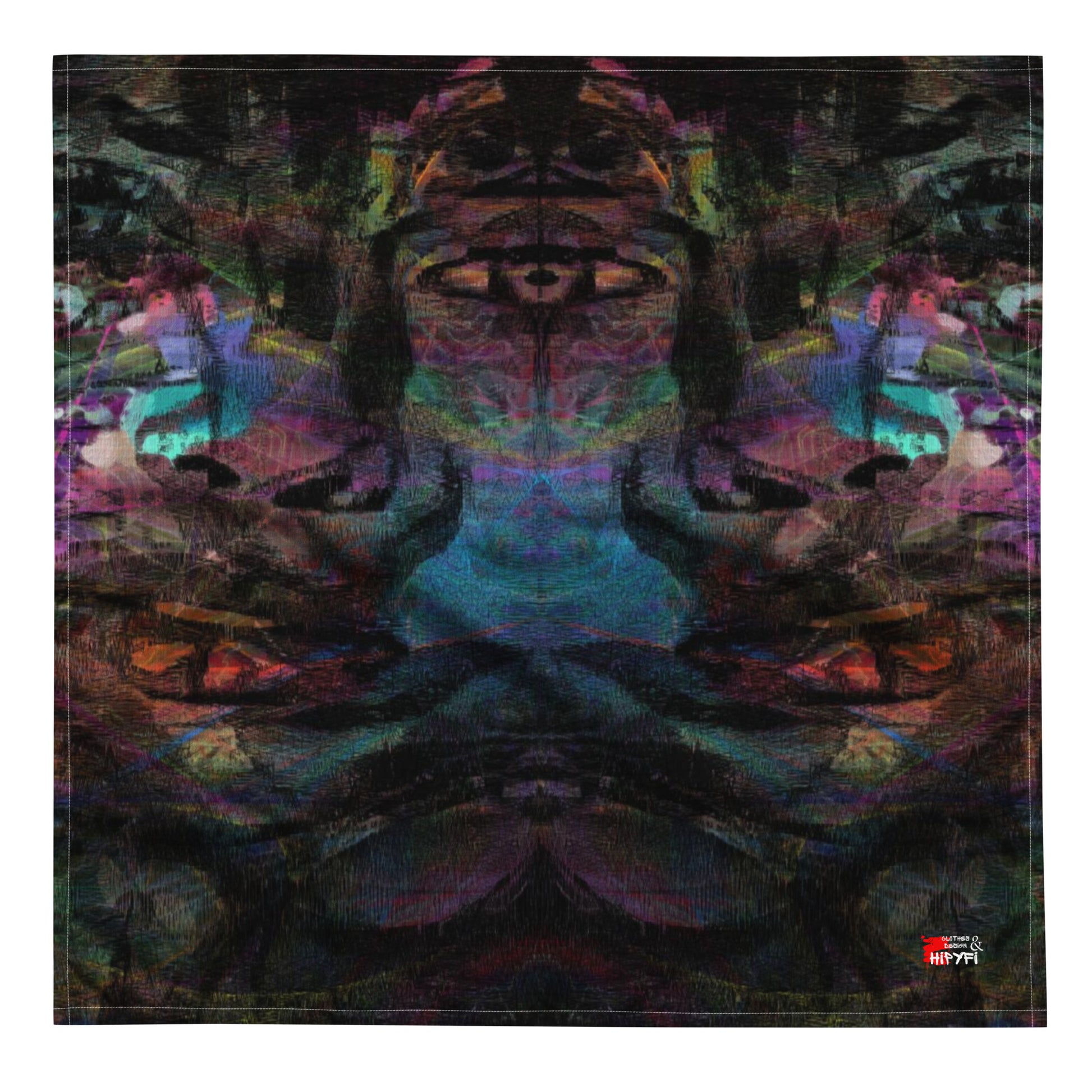 Hipyfi Chromatic Dreams Abstract Bandana: Vibrant layered brushstrokes on a unisex, eco-friendly recycled polyester accessory for festivals, daily wear, or pets. L-front