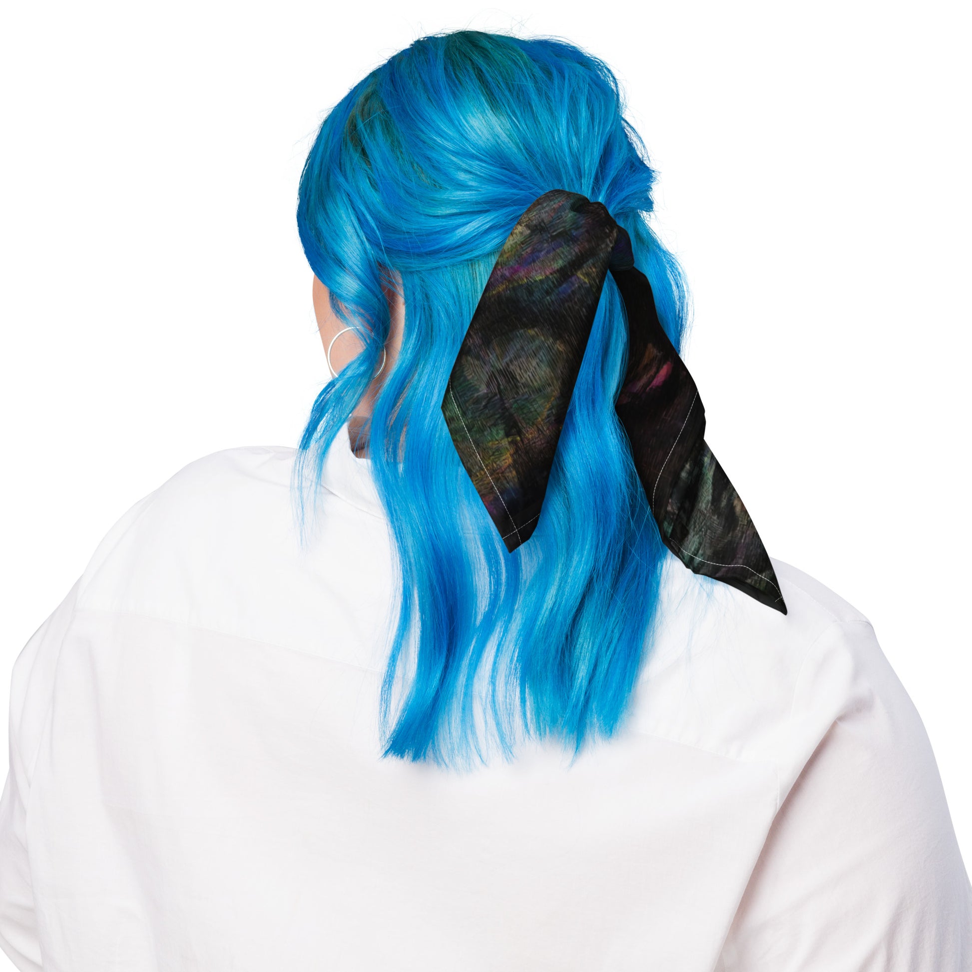 Hipyfi Chromatic Dreams Abstract Bandana: Vibrant layered brushstrokes on a unisex, eco-friendly recycled polyester accessory for festivals, daily wear, or pets. girl front-4
