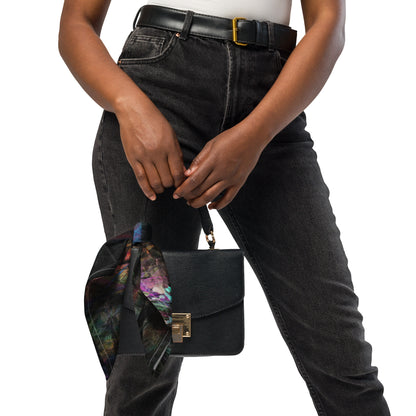 Hipyfi Chromatic Dreams Abstract Bandana: Vibrant layered brushstrokes on a unisex, eco-friendly recycled polyester accessory for festivals, daily wear, or pets. girl front-3
