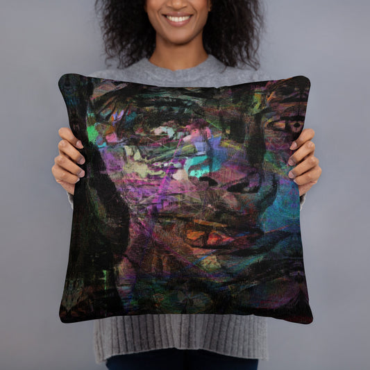Vibrant abstract brushstroke pillow in bold colors, sustainable modern decor for any room. 18x18-front