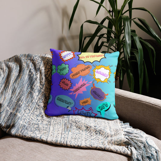 Retro 80s comic throw pillow with pop art slang design by Hipyfi Clothes & Design 18x18-front