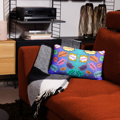 Retro 80s comic throw pillow with pop art slang design by Hipyfi Clothes & Design 20x12-front