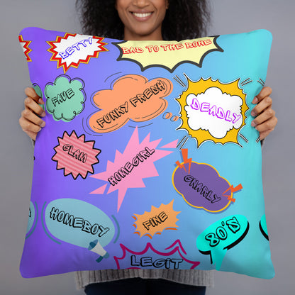 Retro 80s comic throw pillow with pop art slang design by Hipyfi Clothes & Design 22x22-front