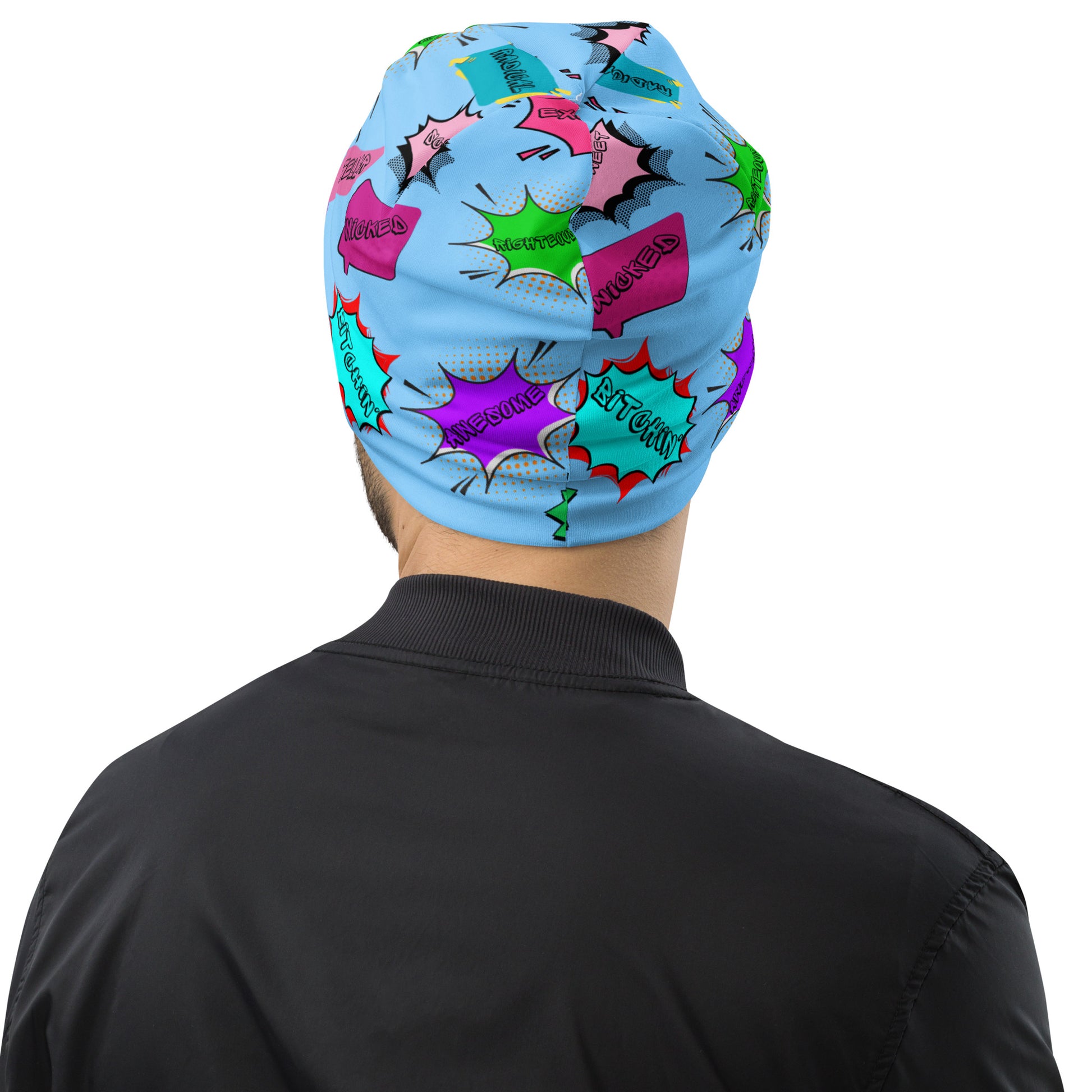 Vintage 80s pop art beanie with retro comic speech bubble design in neon colors by Hipyfi Clothes & Design Back