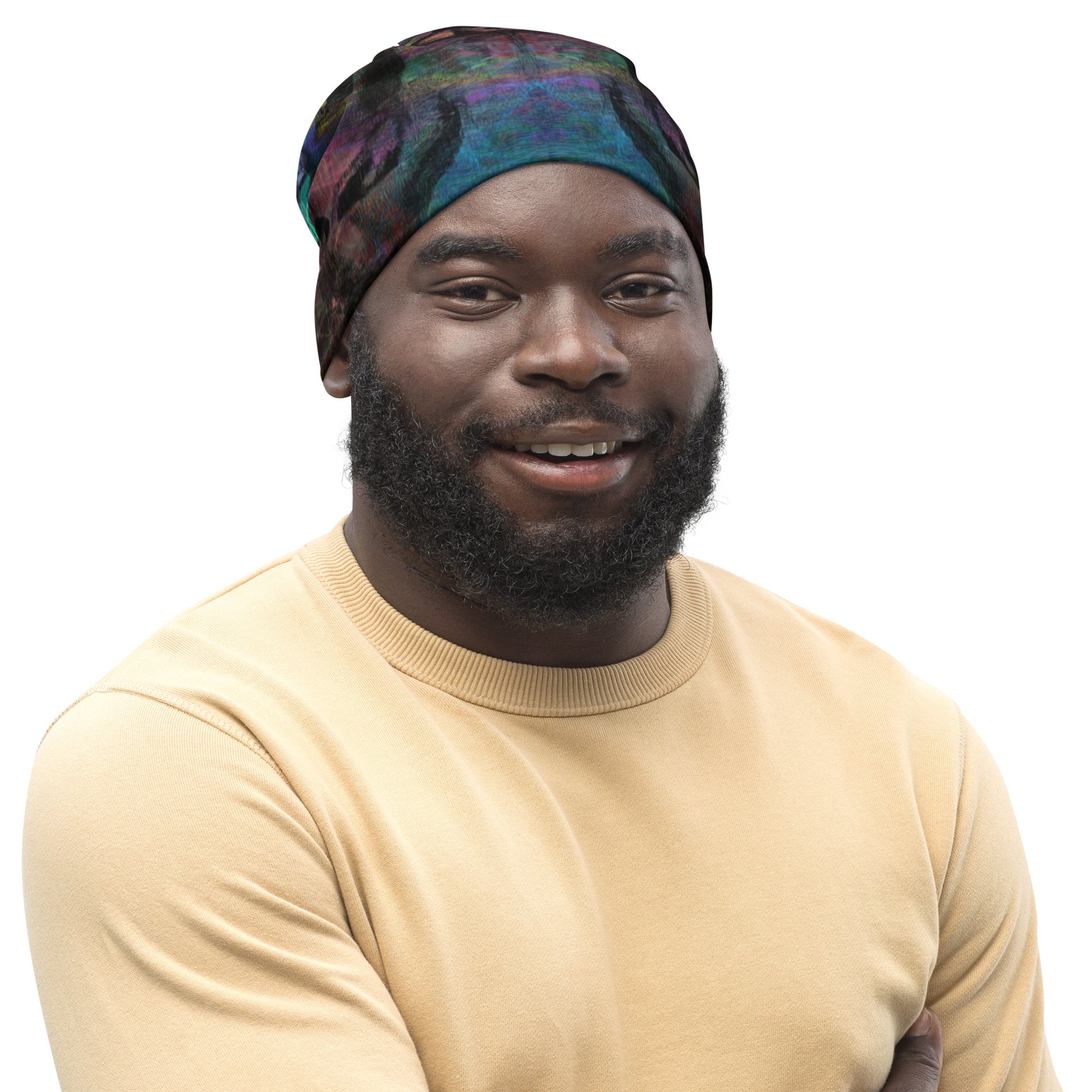 Double-layered beanie with vibrant abstract all-over print. Modern artistic winter hat by Hipyfi Clothes & Design. front