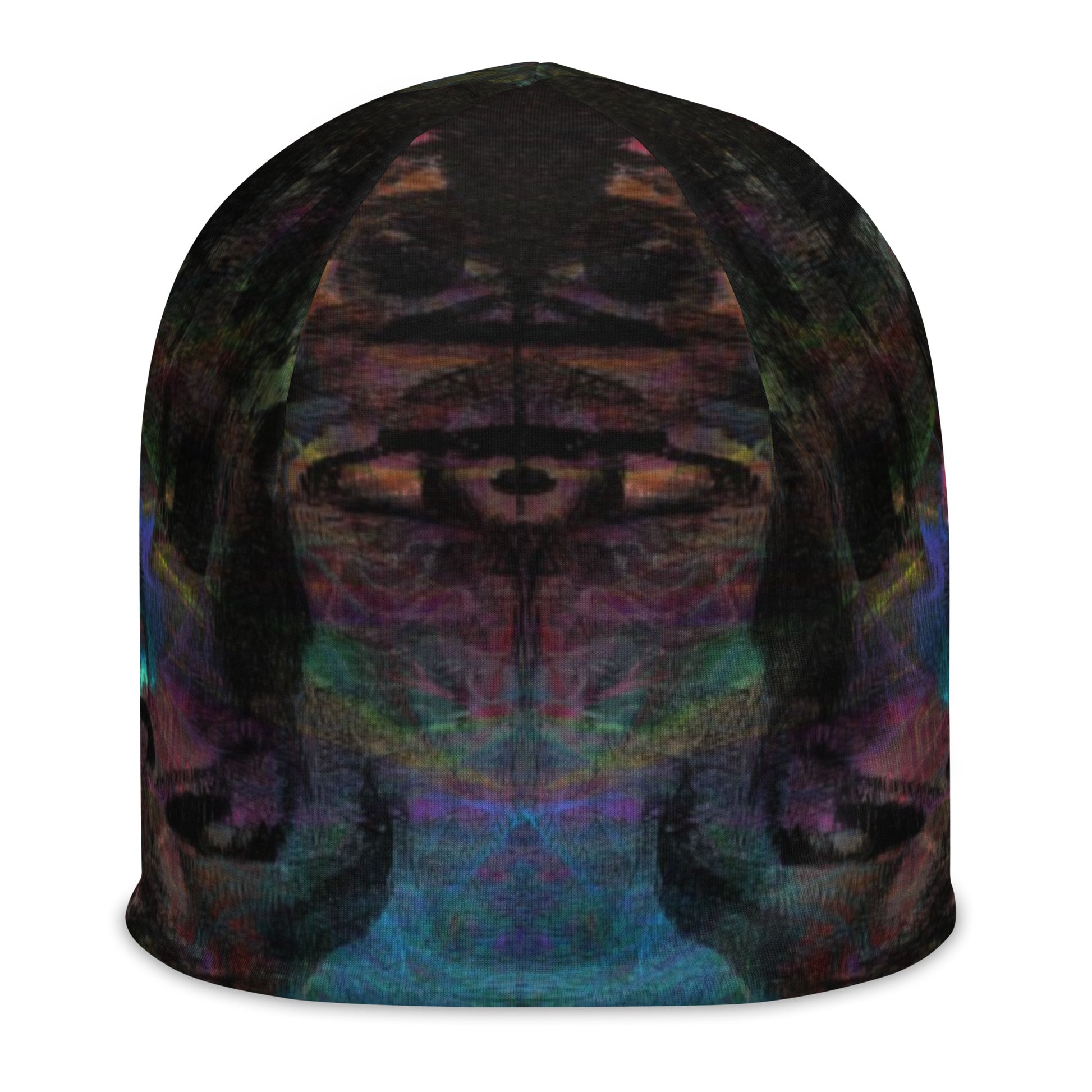 Double-layered beanie with vibrant abstract all-over print. Modern artistic winter hat by Hipyfi Clothes & Design. front-2