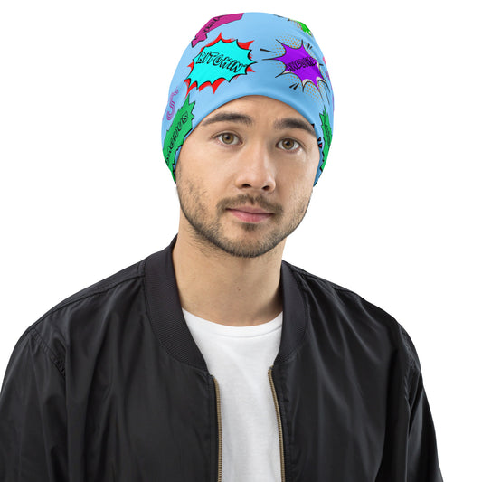 Vintage 80s pop art beanie with retro comic speech bubble design in neon colors by Hipyfi Clothes & Design Front