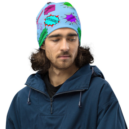 Vintage 80s pop art beanie with retro comic speech bubble design in neon colors by Hipyfi Clothes & Design Front-3