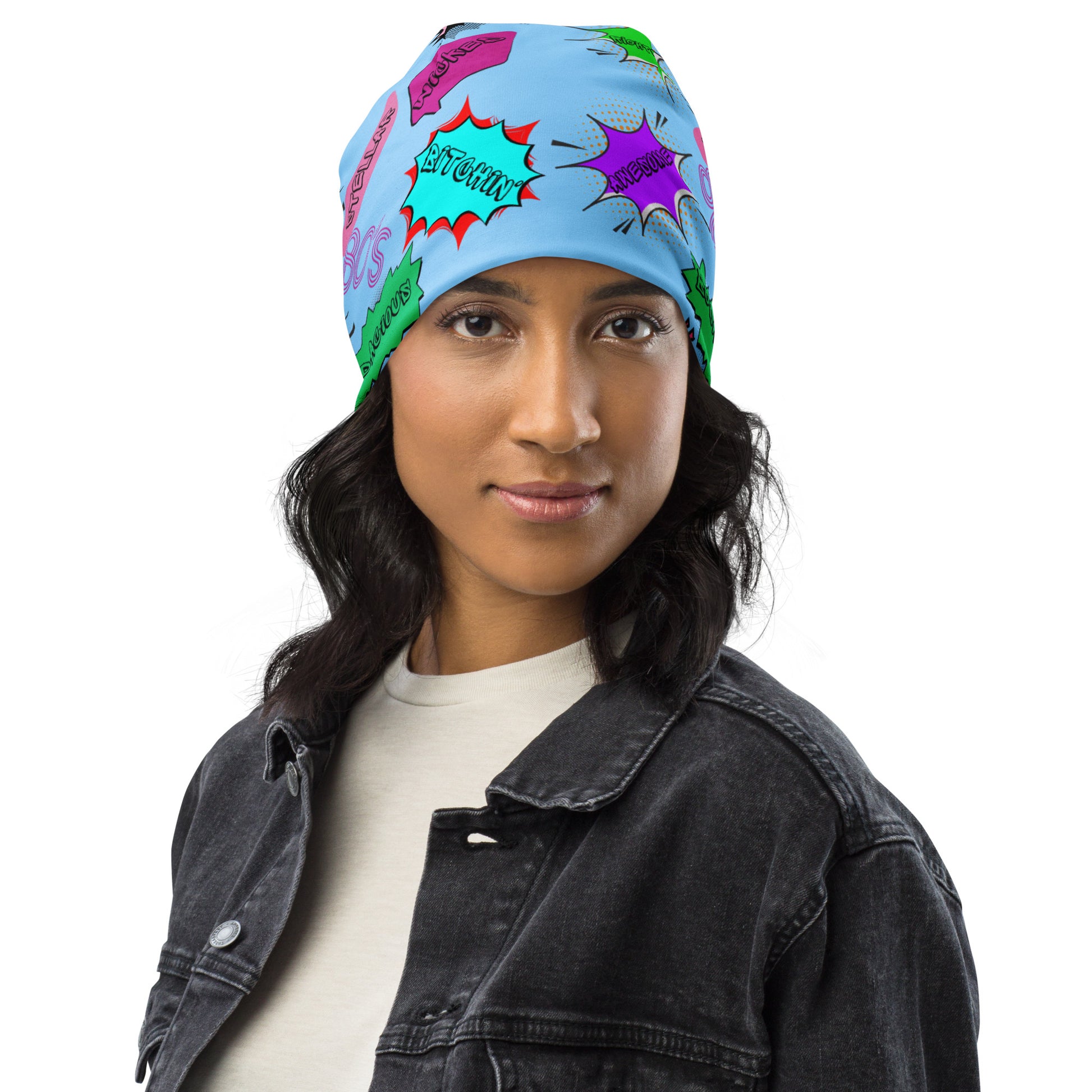 Vintage 80s pop art beanie with retro comic speech bubble design in neon colors by Hipyfi Clothes & Design Front-6