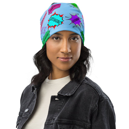 Vintage 80s pop art beanie with retro comic speech bubble design in neon colors by Hipyfi Clothes & Design Front-6