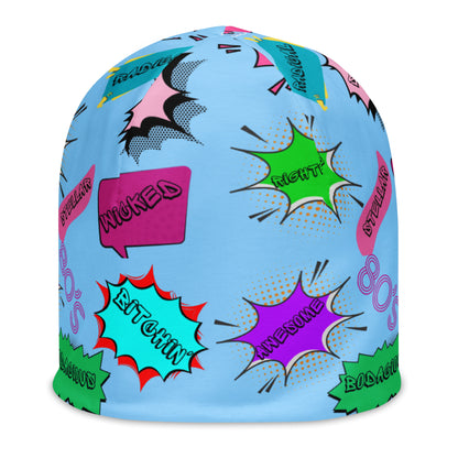 Vintage 80s pop art beanie with retro comic speech bubble design in neon colors by Hipyfi Clothes & Design Front-7
