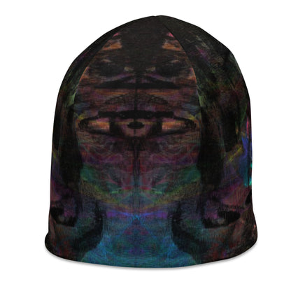Double-layered beanie with vibrant abstract all-over print. Modern artistic winter hat by Hipyfi Clothes & Design. left-front-2
