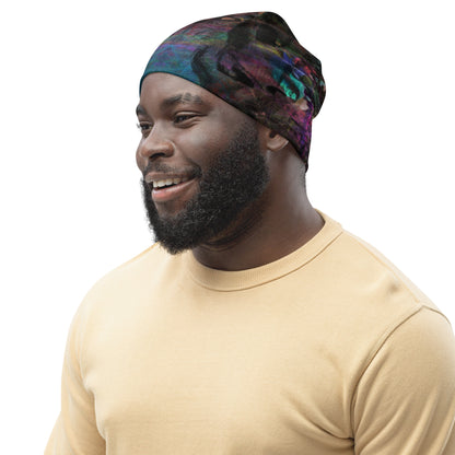 Double-layered beanie with vibrant abstract all-over print. Modern artistic winter hat by Hipyfi Clothes & Design. left-front