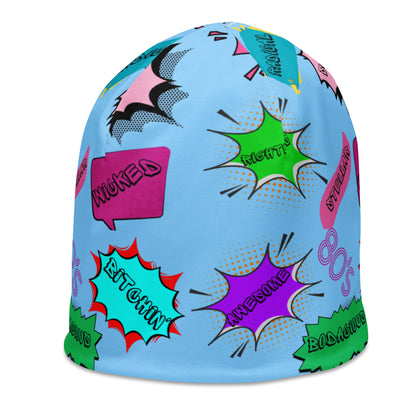Vintage 80s pop art beanie with retro comic speech bubble design in neon colors by Hipyfi Clothes & Design Left-Front-7