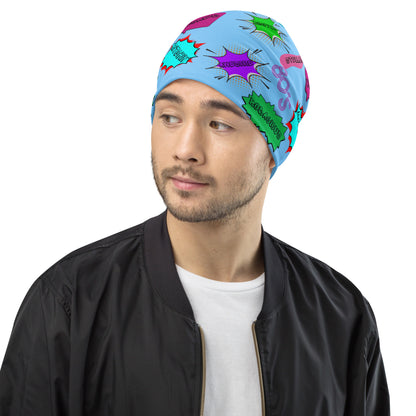 Vintage 80s pop art beanie with retro comic speech bubble design in neon colors by Hipyfi Clothes & Design Left-front