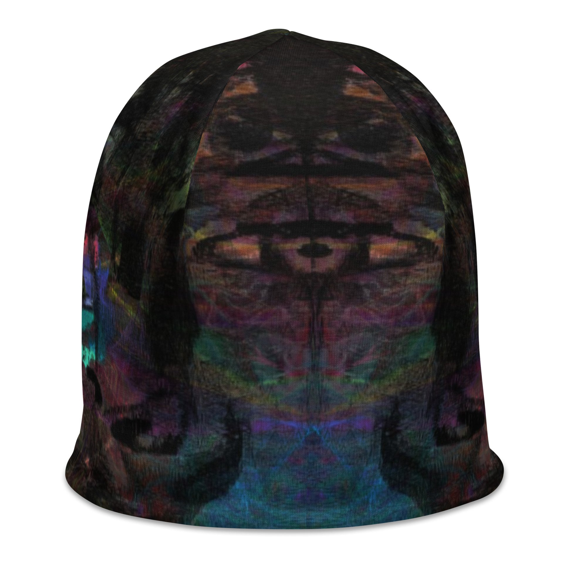 Double-layered beanie with vibrant abstract all-over print. Modern artistic winter hat by Hipyfi Clothes & Design. right-front-2
