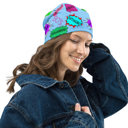 Vintage 80s pop art beanie with retro comic speech bubble design in neon colors by Hipyfi Clothes & Design Right-Front-2