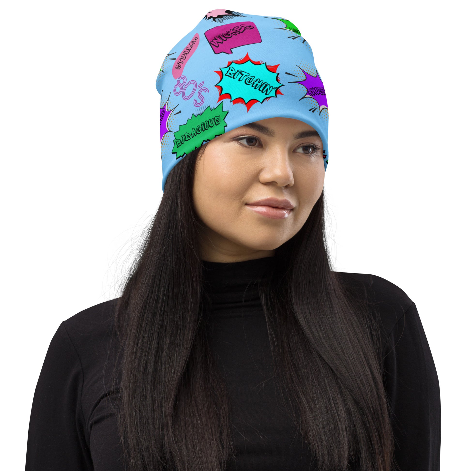Vintage 80s pop art beanie with retro comic speech bubble design in neon colors by Hipyfi Clothes & Design Right-Front-3