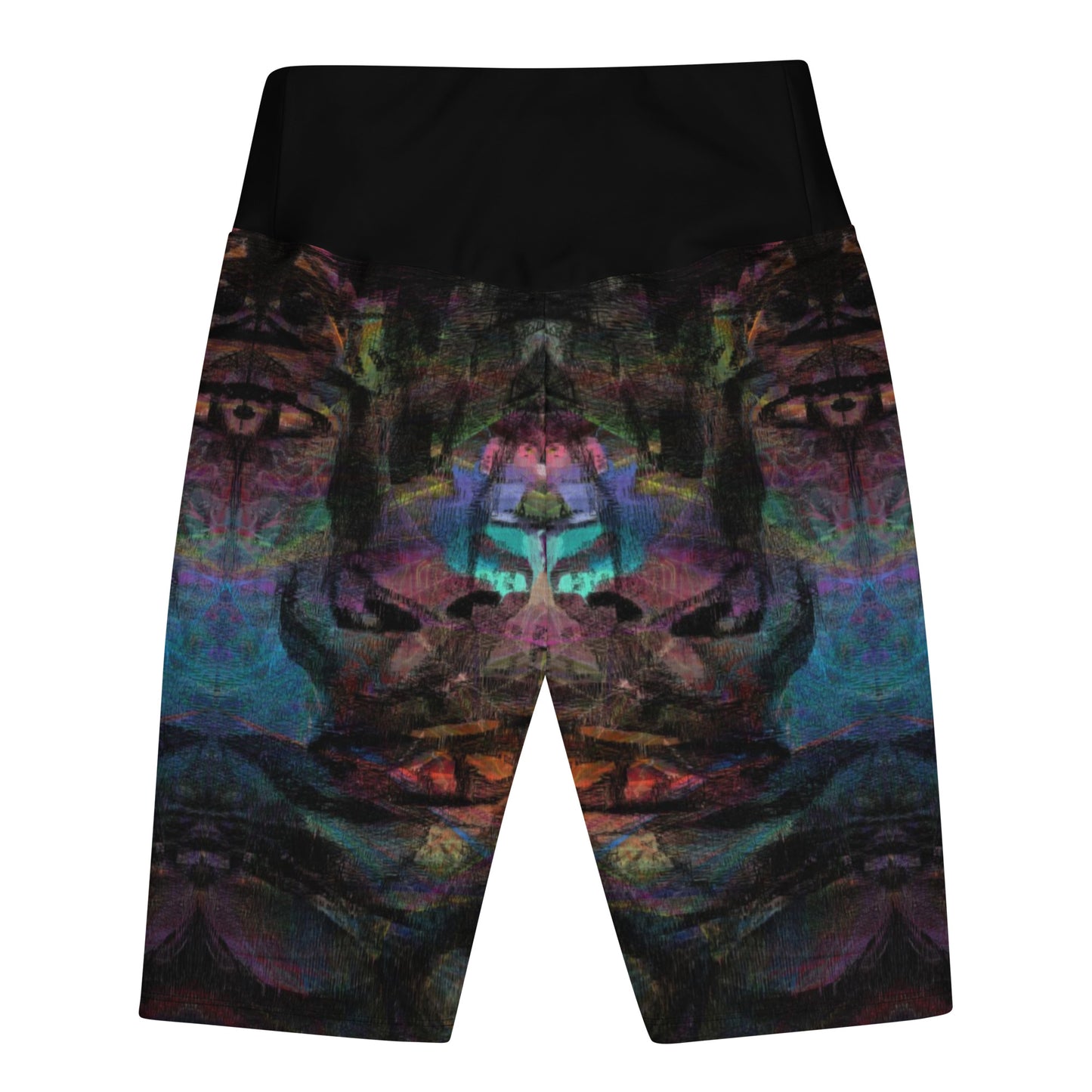 Women's Chromatic Dreams biker shorts with abstract colorful design, high-waisted butt-lifting fit, hidden pocket, made for workouts or streetwear by HipYfi. back